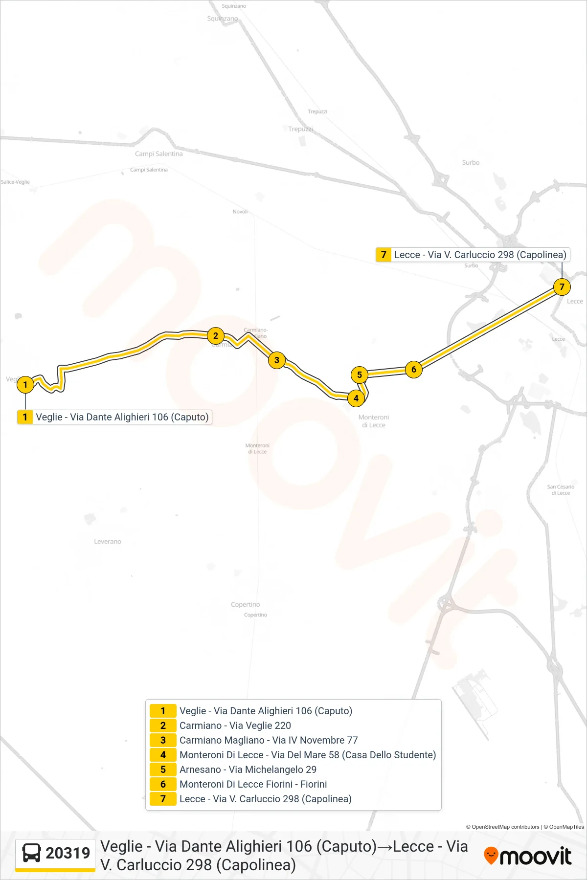 Linea 20319 bus (Veglie - Via Dante Alighieri 106 (Caputo)→Lecce - Via V. Carluccio 298 (Capolinea)) - Percorsi e fermate sulla mappa