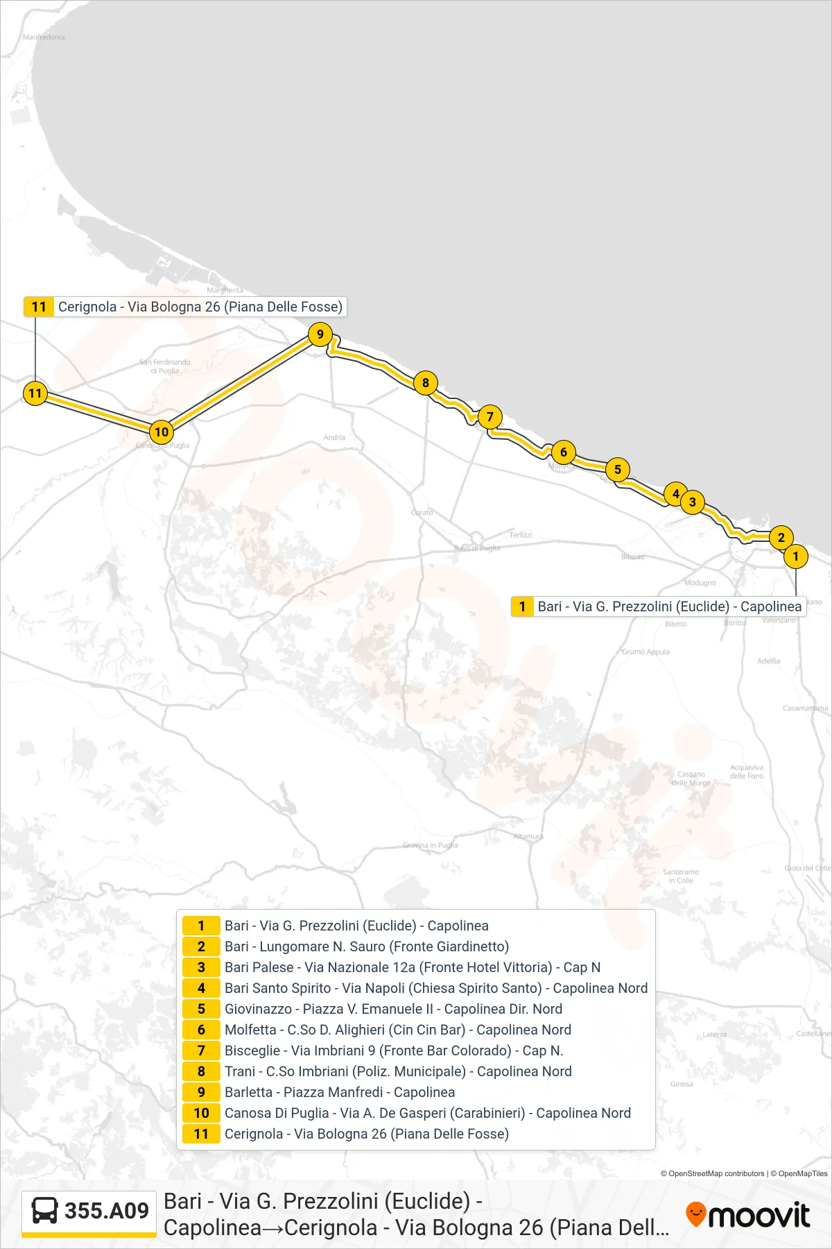 Linea 355.A09  bus (Bari - Via G. Prezzolini (Euclide) - Capolinea‎→Cerignola - Via  Bologna 26  (Piana Delle Fosse)) - Percorsi e fermate sulla mappa