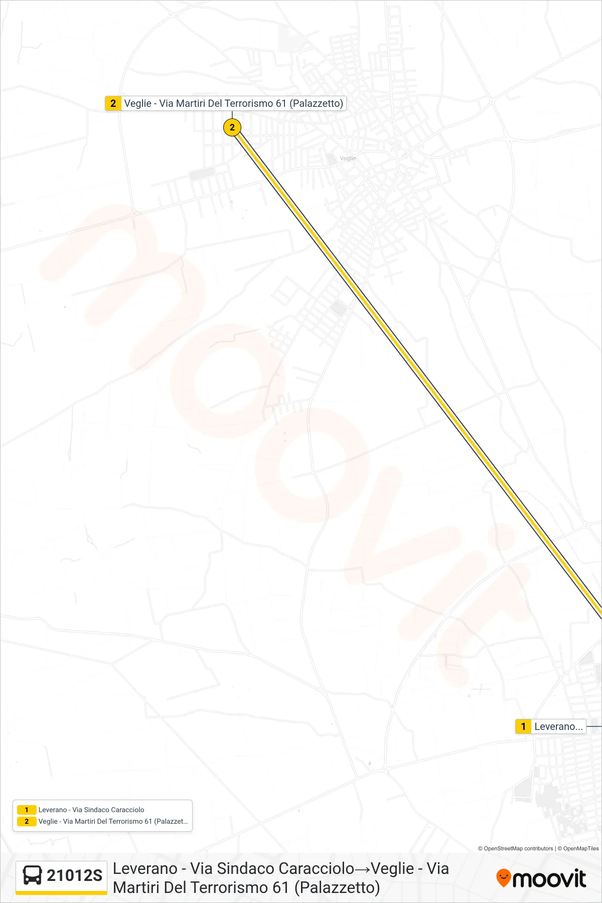 Linea 21012S  bus (Leverano - Via Sindaco Caracciolo‎→Veglie - Via Martiri Del Terrorismo 61 (Palazzetto)) - Percorsi e fermate sulla mappa