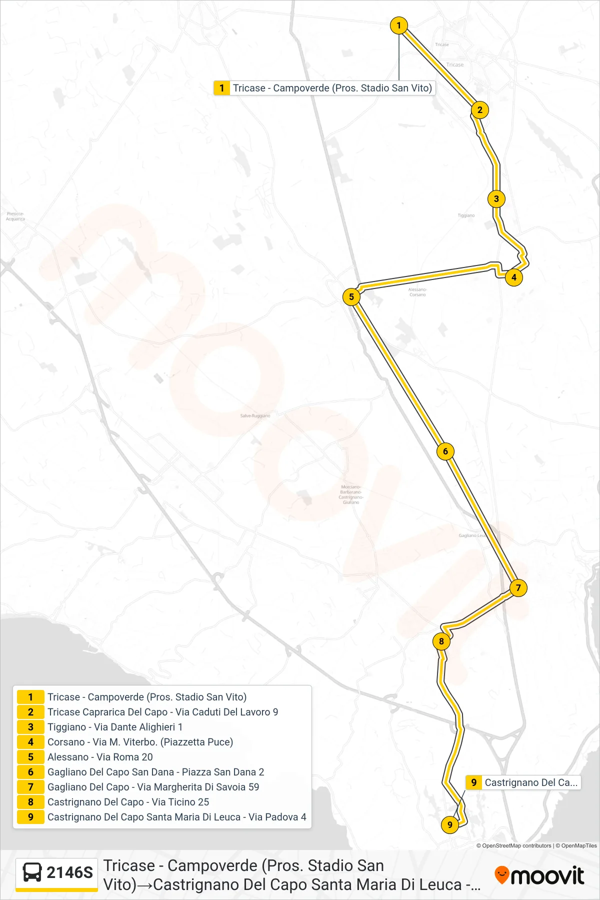 Linea 2146S bus (Tricase - Campoverde (Pros. Stadio San Vito)→Castrignano Del Capo Santa Maria Di Leuca - Via Padova 4) - Percorsi e fermate sulla mappa