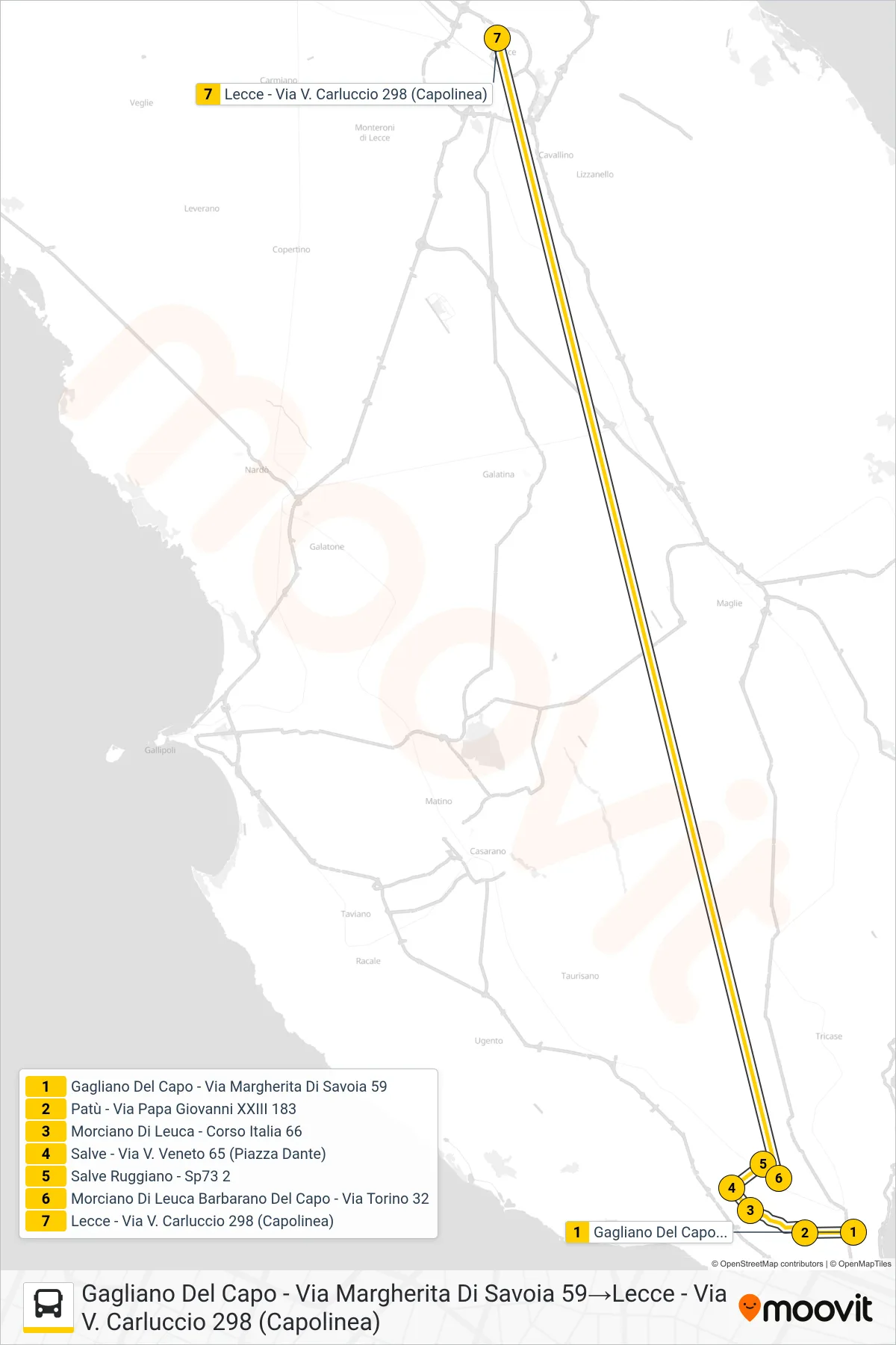 Linea 2187A - 3 bus (Gagliano Del Capo - Via Margherita Di Savoia 59→Lecce - Via V. Carluccio 298 (Capolinea)) - Percorsi e fermate sulla mappa