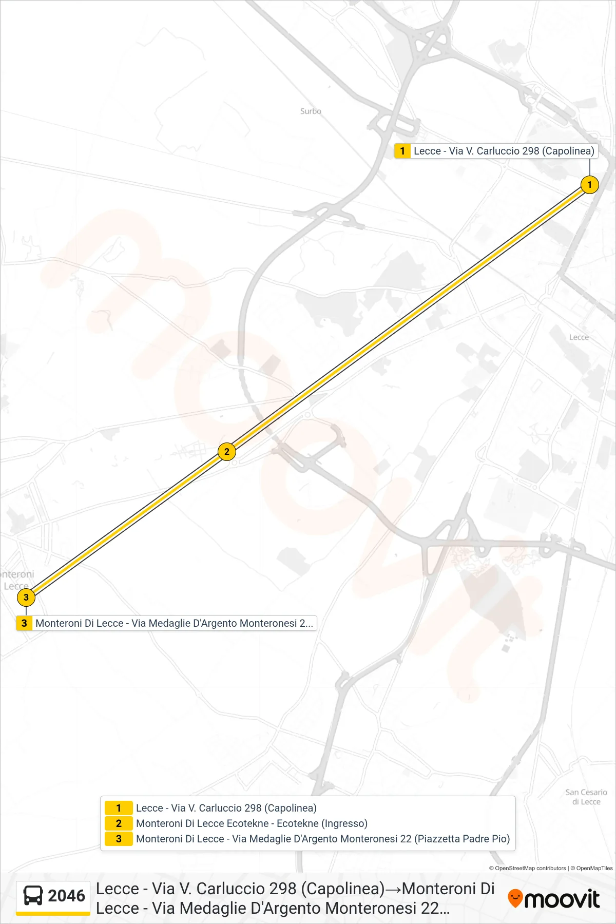 Linea 2046 bus (Lecce - Via V. Carluccio 298 (Capolinea)→Monteroni Di Lecce - Via Medaglie D'Argento Monteronesi 22 (Piazzetta Padre Pio)) - Percorsi e fermate sulla mappa