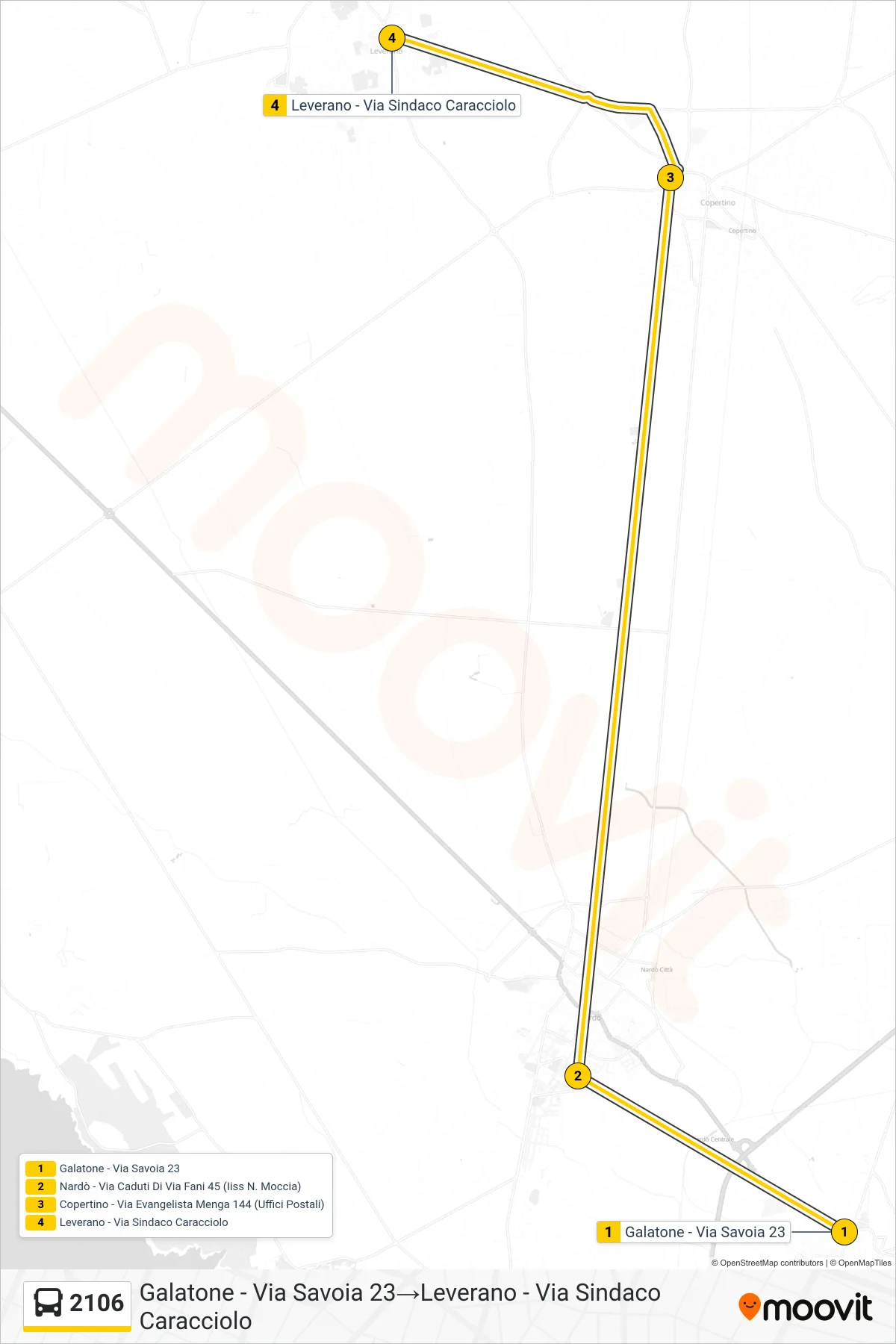 Linea 2106 bus (Galatone - Via Savoia 23→Leverano - Via Sindaco Caracciolo) - Percorsi e fermate sulla mappa