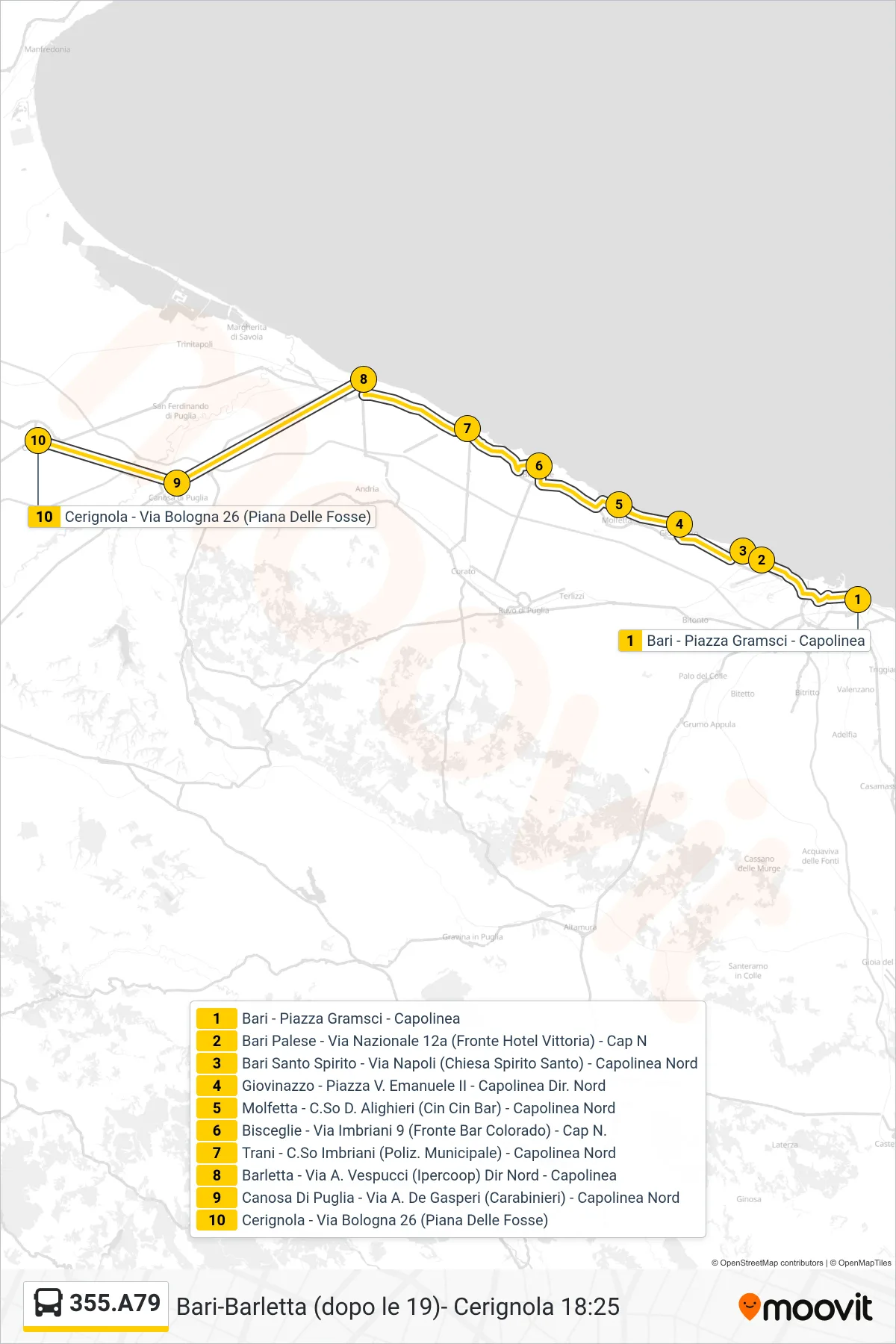 Linea 355.A79 bus (Bari - Piazza Gramsci - Capolinea→Cerignola - Via Bologna 26 (Piana Delle Fosse)) - Percorsi e fermate sulla mappa