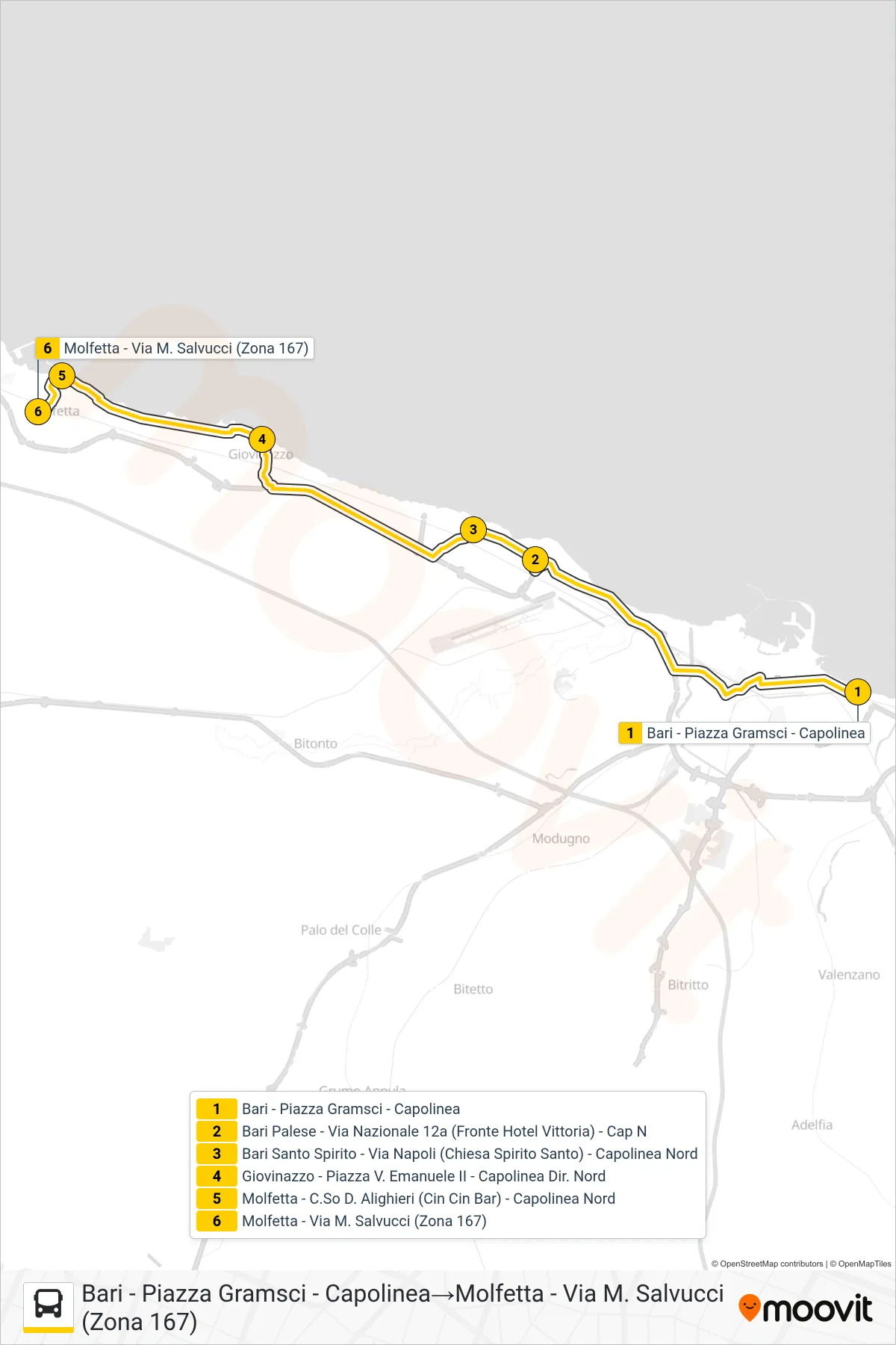 Linea 355.NSA84  bus (Bari - Piazza Gramsci - Capolinea‎→Molfetta - Via M. Salvucci (Zona 167)) - Percorsi e fermate sulla mappa