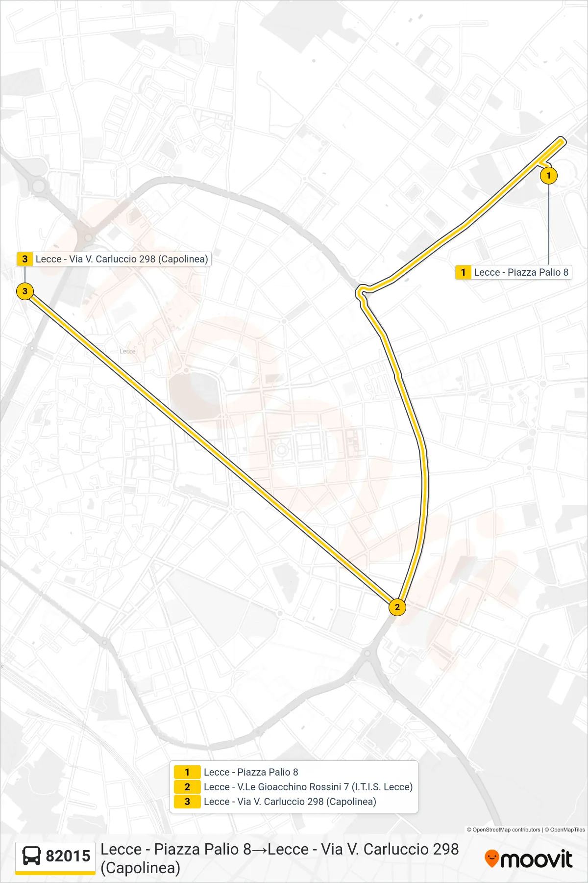 Linea 82015 bus (Lecce - Piazza Palio 8→Lecce - Via V. Carluccio 298 (Capolinea)) - Percorsi e fermate sulla mappa