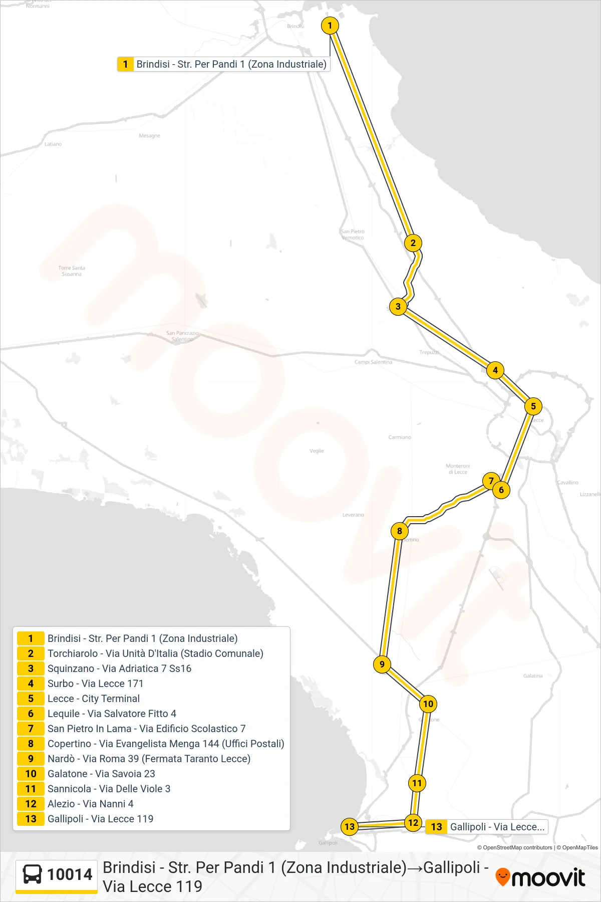 Linea 10014 bus (Brindisi - Str. Per Pandi 1 (Zona Industriale)→Gallipoli - Via Lecce 119) - Percorsi e fermate sulla mappa