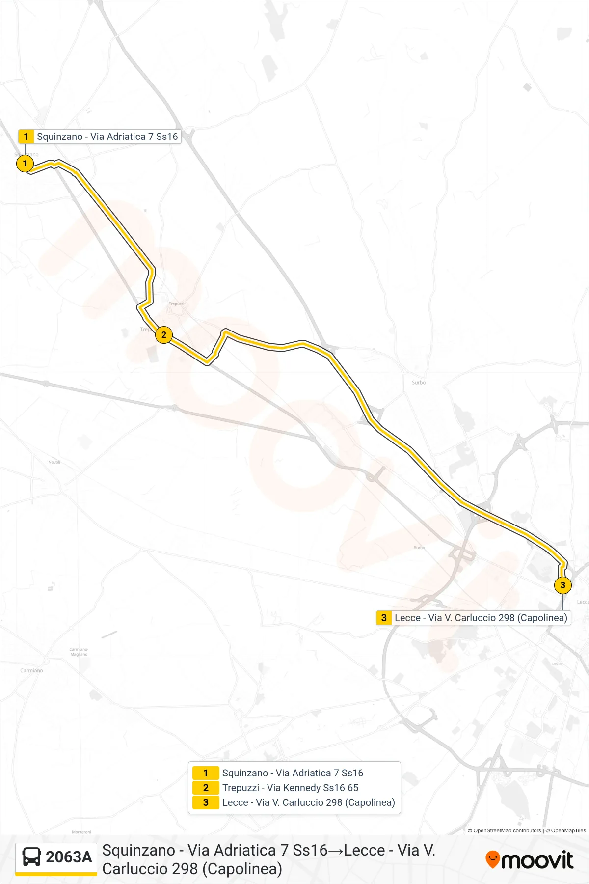 Linea 2063A bus (Squinzano - Via Adriatica 7 Ss16→Lecce - Via V. Carluccio 298 (Capolinea)) - Percorsi e fermate sulla mappa