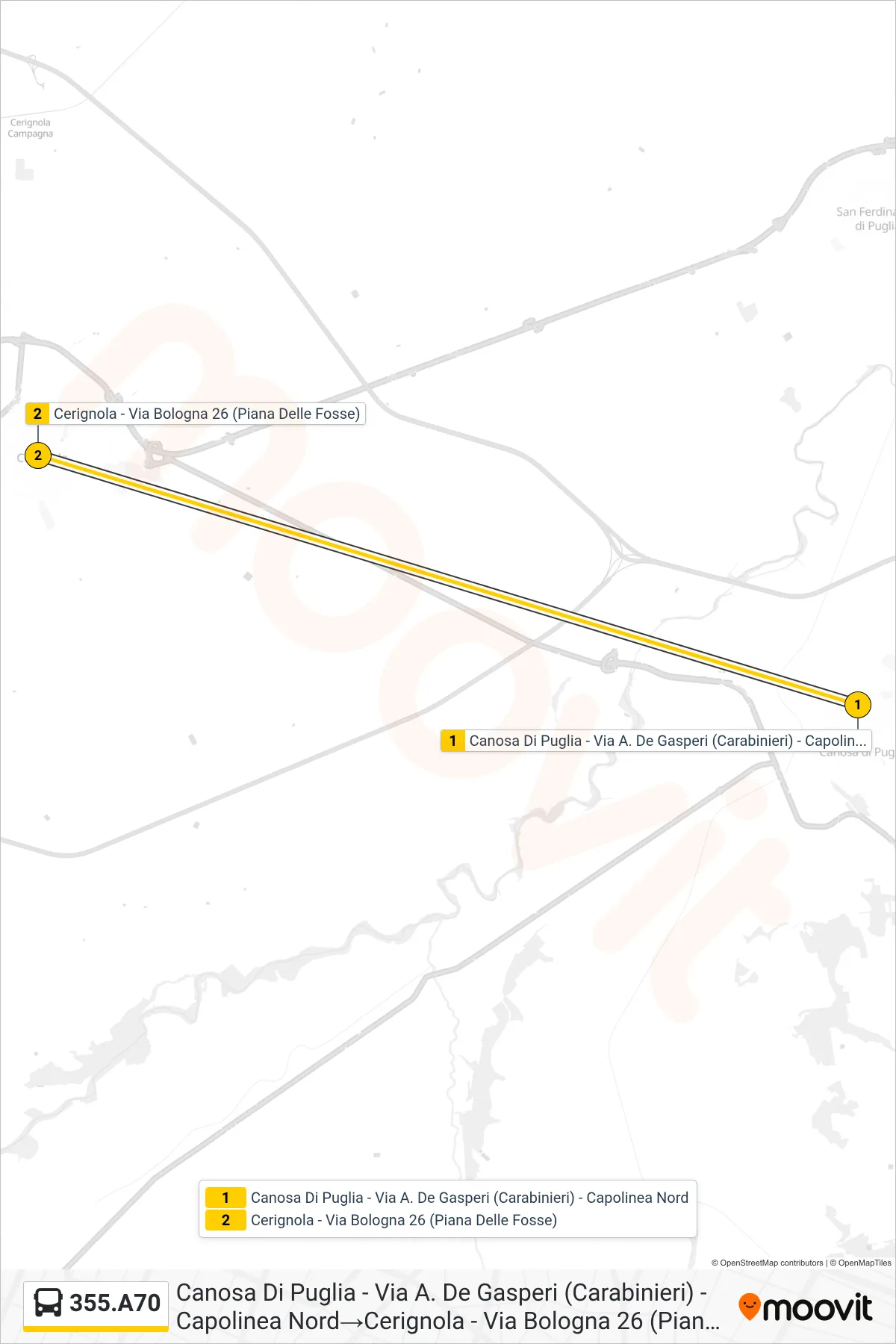 Linea 355.A70 bus (Canosa Di Puglia - Via A. De Gasperi (Carabinieri) - Capolinea Nord→Cerignola - Via Bologna 26 (Piana Delle Fosse)) - Percorsi e fermate sulla mappa