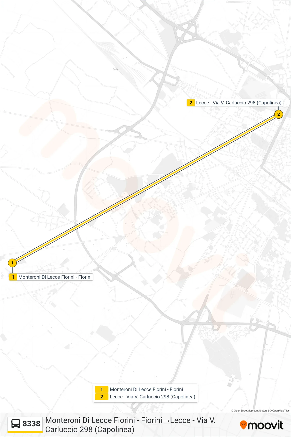 Linea 8338 bus (Monteroni Di Lecce Fiorini - Fiorini→Lecce - Via V. Carluccio 298 (Capolinea)) - Percorsi e fermate sulla mappa