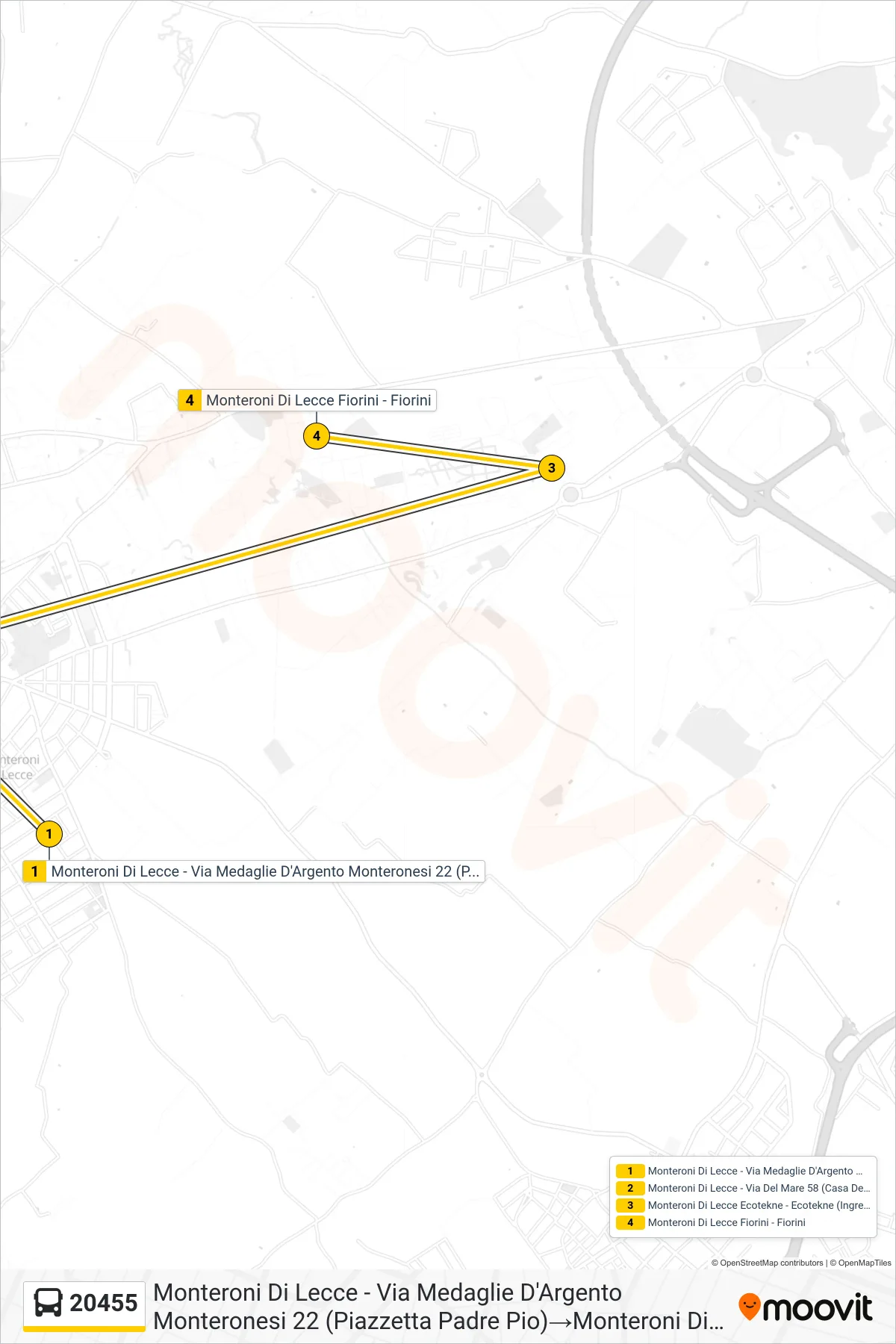 Linea 20455 bus (Monteroni Di Lecce - Via Medaglie D'Argento Monteronesi 22 (Piazzetta Padre Pio)→Monteroni Di Lecce Fiorini - Fiorini) - Percorsi e fermate sulla mappa