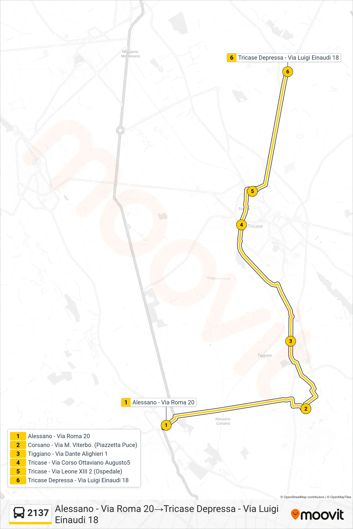 Linea 2137 bus (Alessano - Via Roma 20→Tricase Depressa - Via Luigi Einaudi 18) - Percorsi e fermate sulla mappa