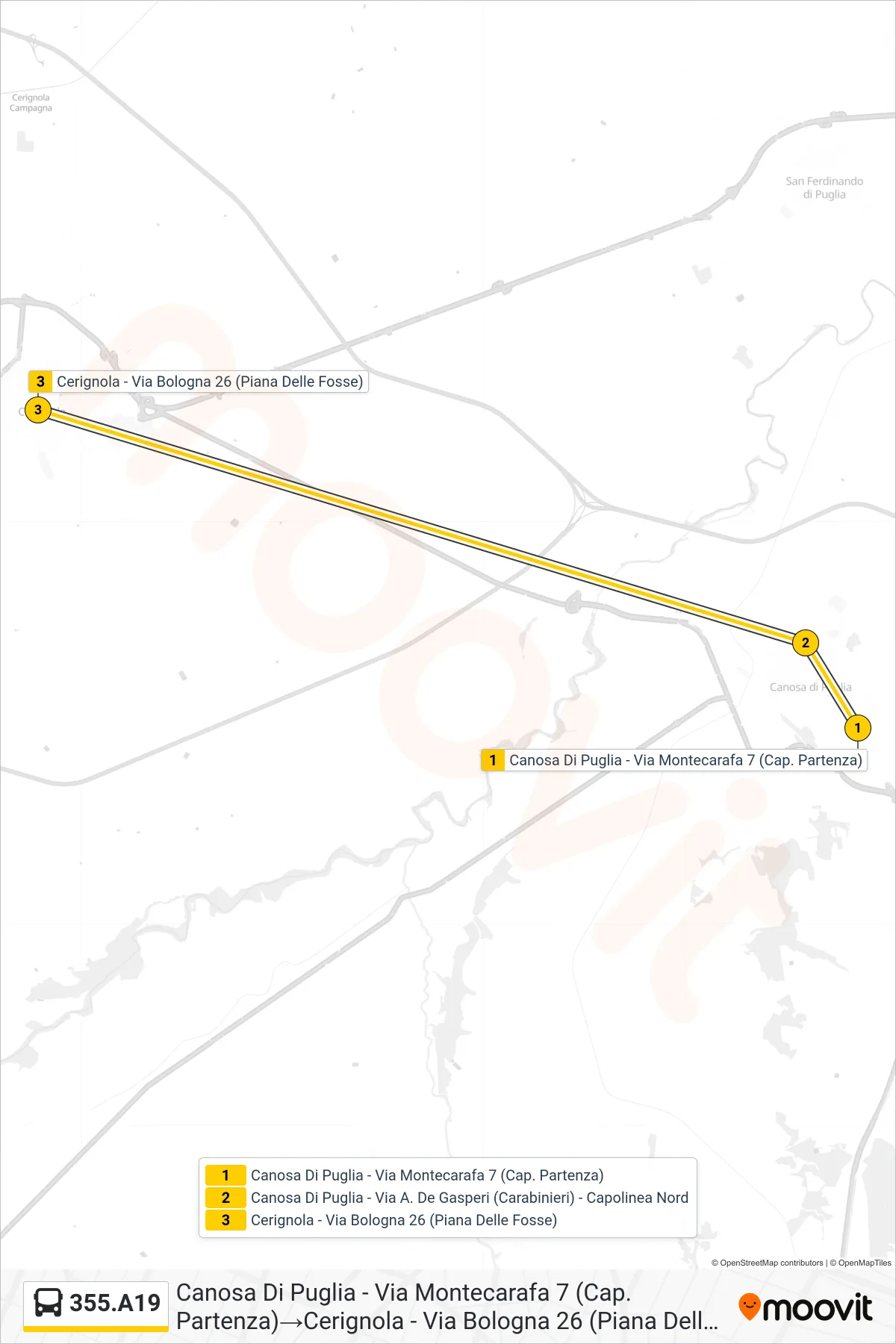 Linea 355.A19 bus (Canosa Di Puglia - Via Montecarafa 7 (Cap. Partenza)→Cerignola - Via Bologna 26 (Piana Delle Fosse)) - Percorsi e fermate sulla mappa