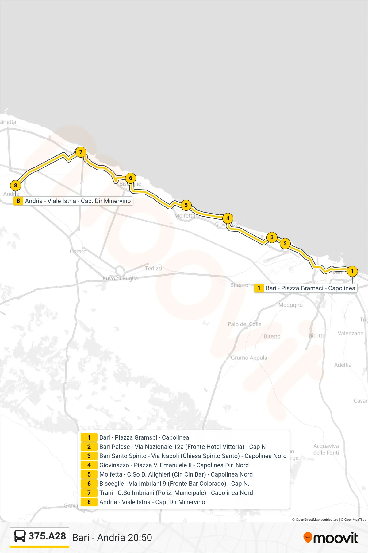 Linea 375.A28  bus (Bari - Piazza Gramsci - Capolinea‎→Andria - Viale Istria - Cap. Dir Minervino) - Percorsi e fermate sulla mappa