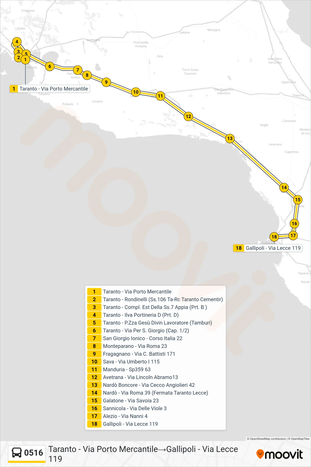 Linea 0516 bus (Taranto - Via Porto Mercantile→Gallipoli - Via Lecce 119) - Percorsi e fermate sulla mappa