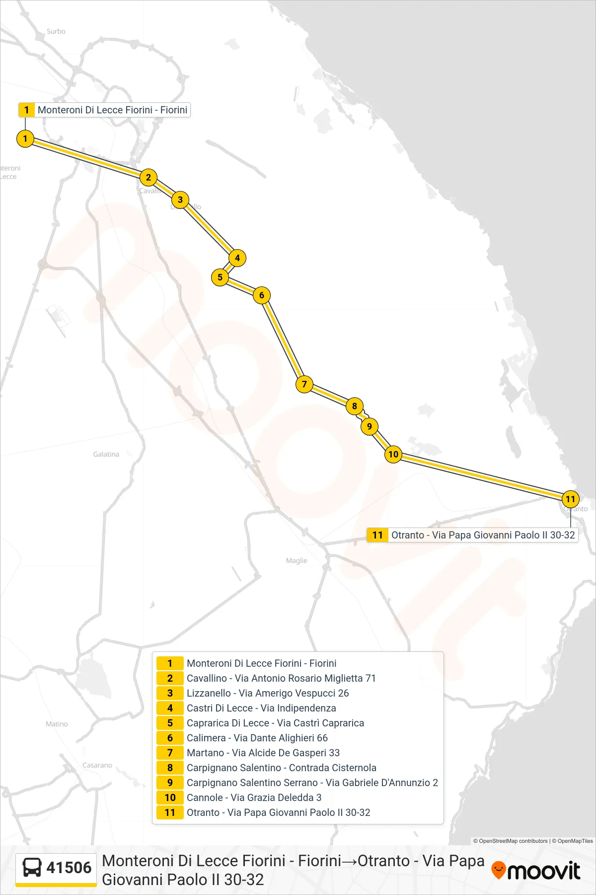 Linea 41506  bus (Monteroni Di Lecce Fiorini - Fiorini‎→Otranto - Via Papa Giovanni Paolo II 30-32) - Percorsi e fermate sulla mappa