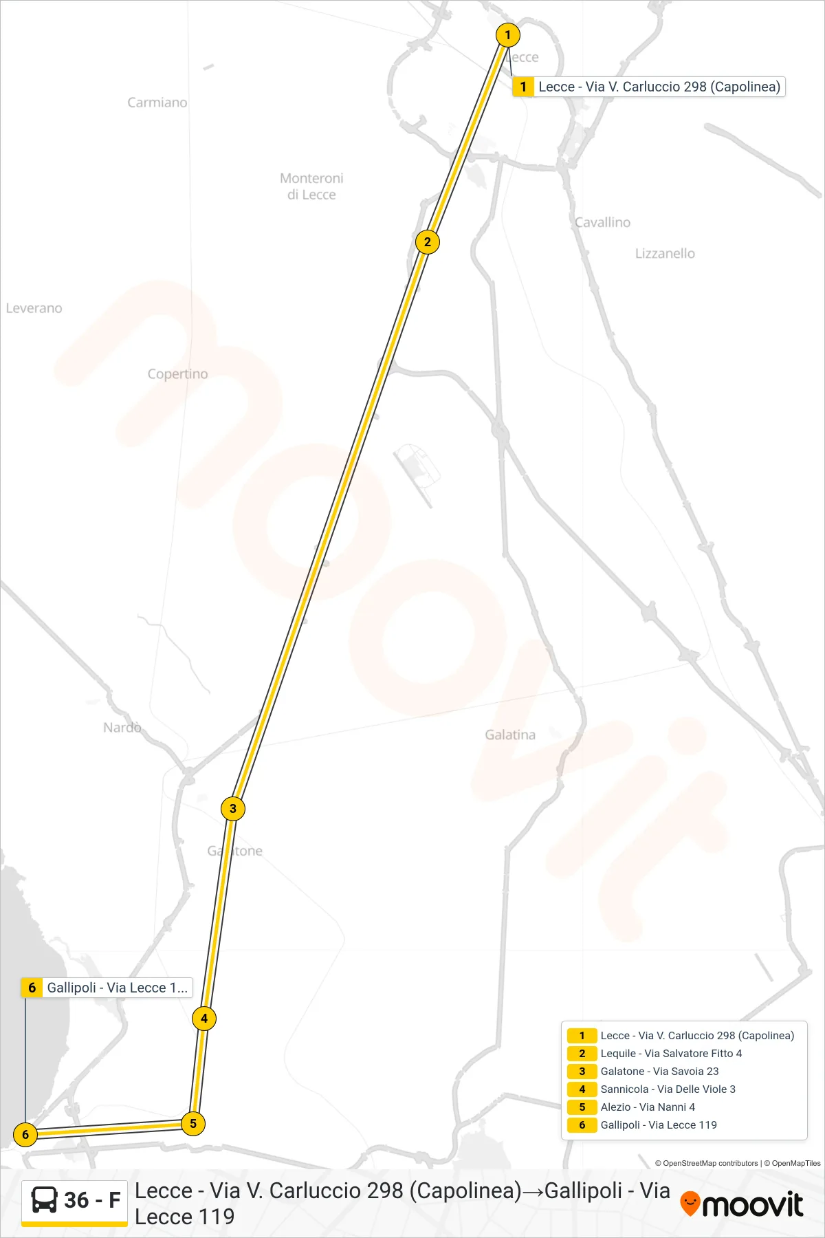 Linea 36 - F bus (Lecce - Via V. Carluccio 298 (Capolinea)→Gallipoli - Via Lecce 119) - Percorsi e fermate sulla mappa