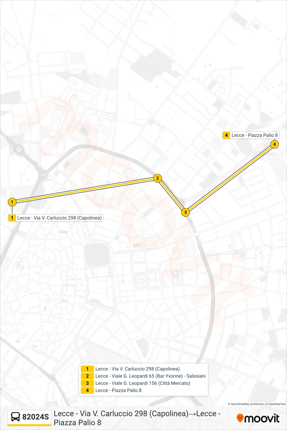 Linea 82024S bus (Lecce - Via V. Carluccio 298 (Capolinea)→Lecce - Piazza Palio 8) - Percorsi e fermate sulla mappa