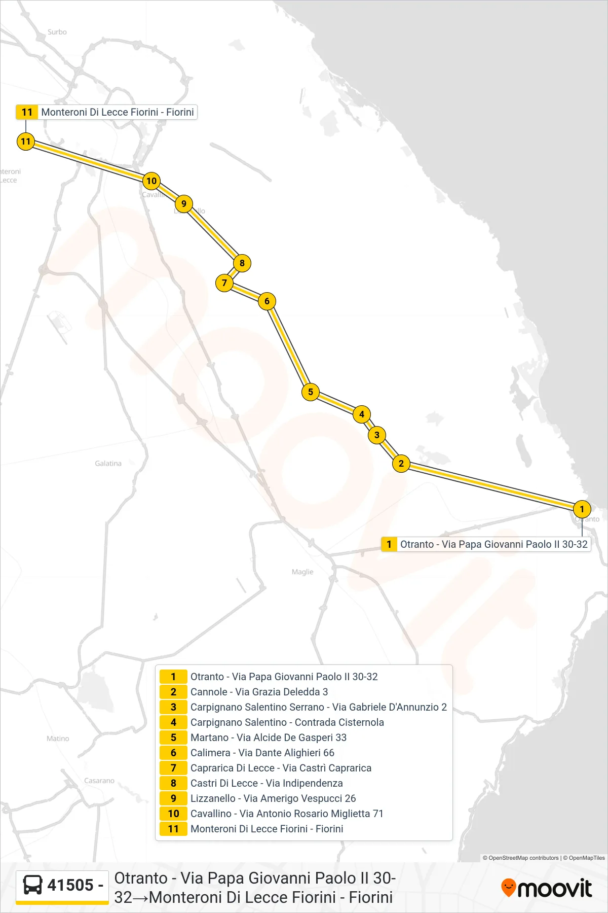 Linea 41505 -  bus (Otranto - Via Papa Giovanni Paolo II 30-32‎→Monteroni Di Lecce Fiorini - Fiorini) - Percorsi e fermate sulla mappa