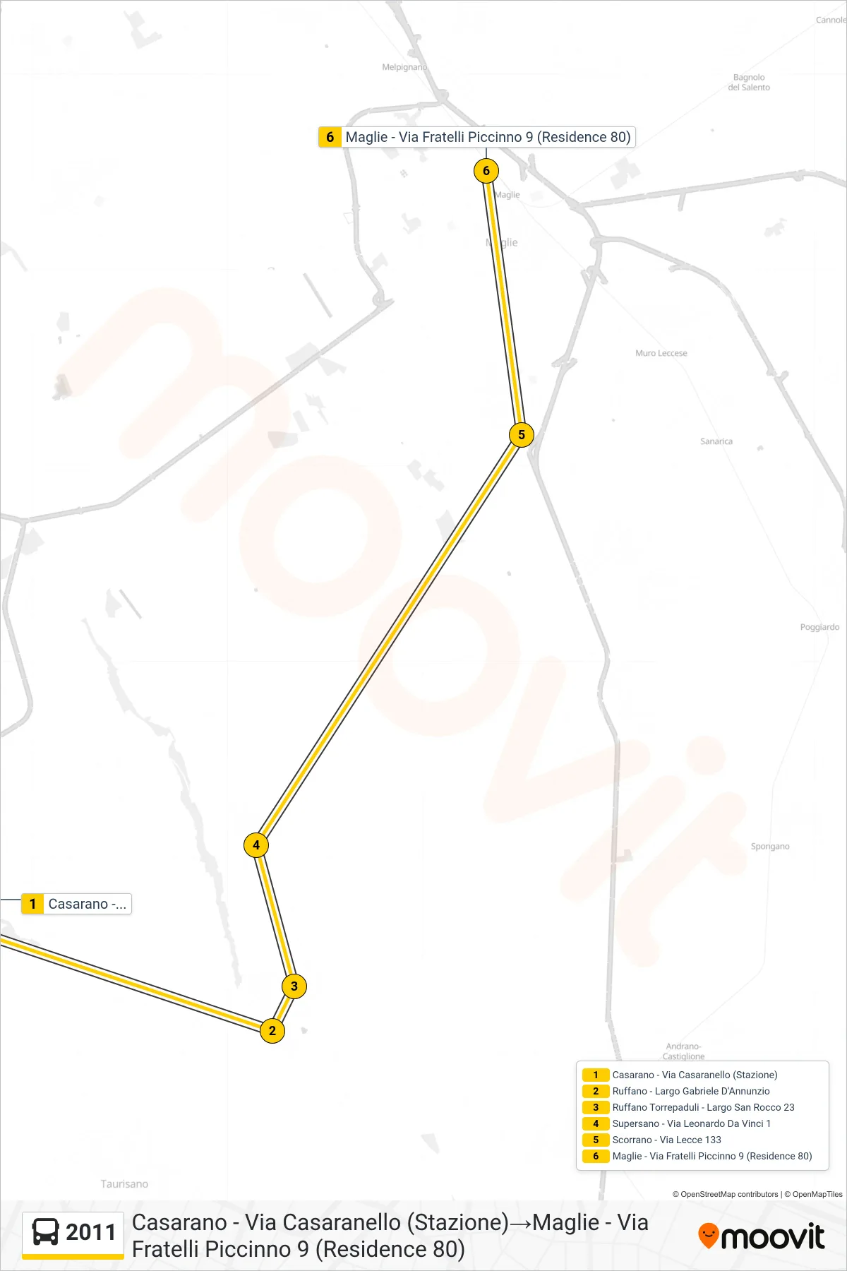 Linea 2011 bus (Casarano - Via Casaranello (Stazione)→Maglie - Via Fratelli Piccinno 9 (Residence 80)) - Percorsi e fermate sulla mappa