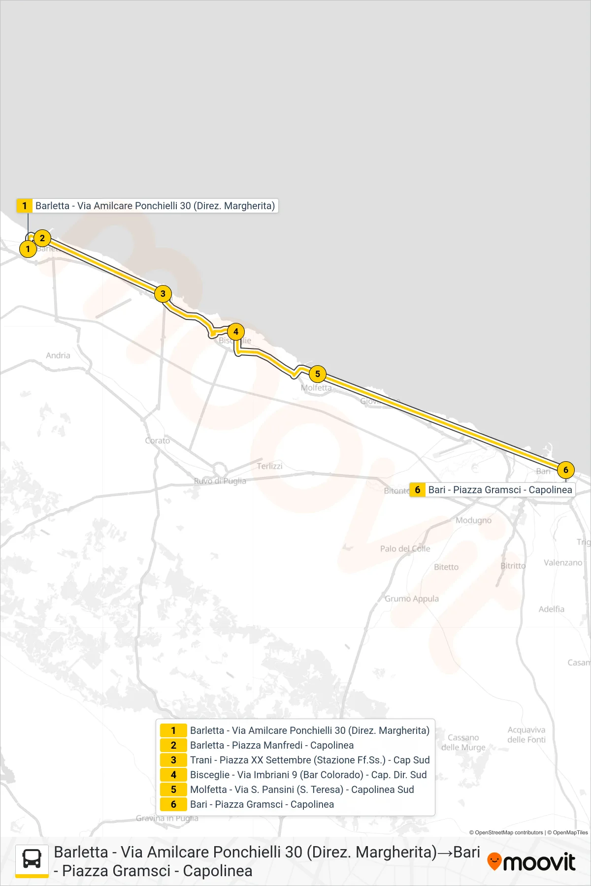 Linea 355.R321 bus (Barletta - Via Amilcare Ponchielli 30 (Direz. Margherita)→Bari - Piazza Gramsci - Capolinea) - Percorsi e fermate sulla mappa