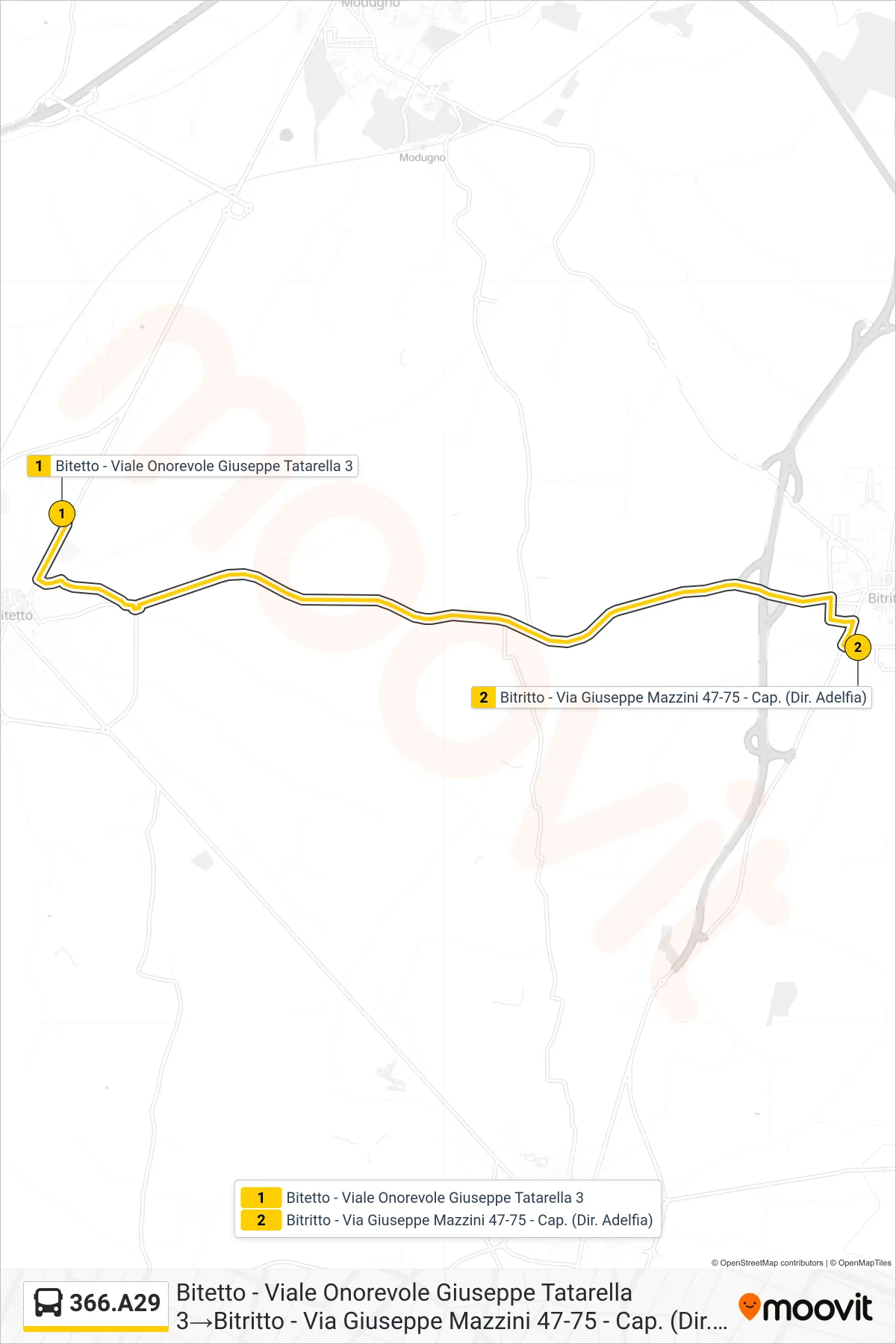 Linea 366.A29 bus (Bitetto - Viale Onorevole Giuseppe Tatarella 3→Bitritto - Via Giuseppe Mazzini 47-75 - Cap. (Dir. Adelfia)) - Percorsi e fermate sulla mappa
