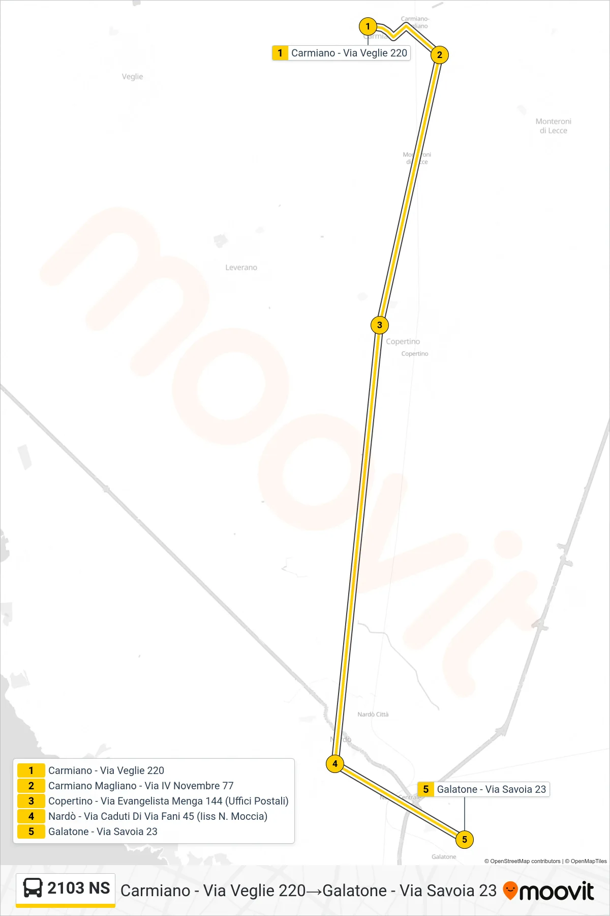 Linea 2103 NS  bus (Carmiano - Via Veglie 220‎→Galatone - Via Savoia 23) - Percorsi e fermate sulla mappa