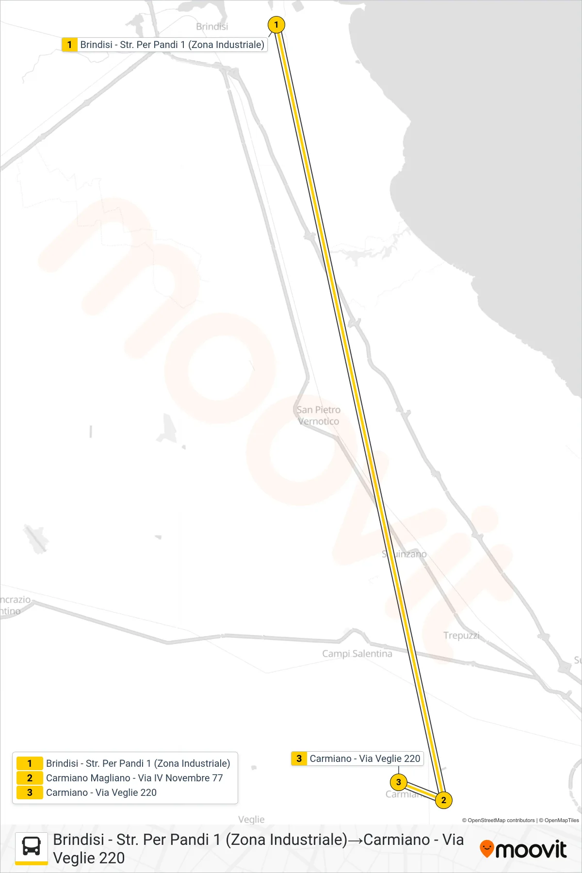 Linea 1022 - 2 bus (Brindisi - Str. Per Pandi 1 (Zona Industriale)→Carmiano - Via Veglie 220) - Percorsi e fermate sulla mappa