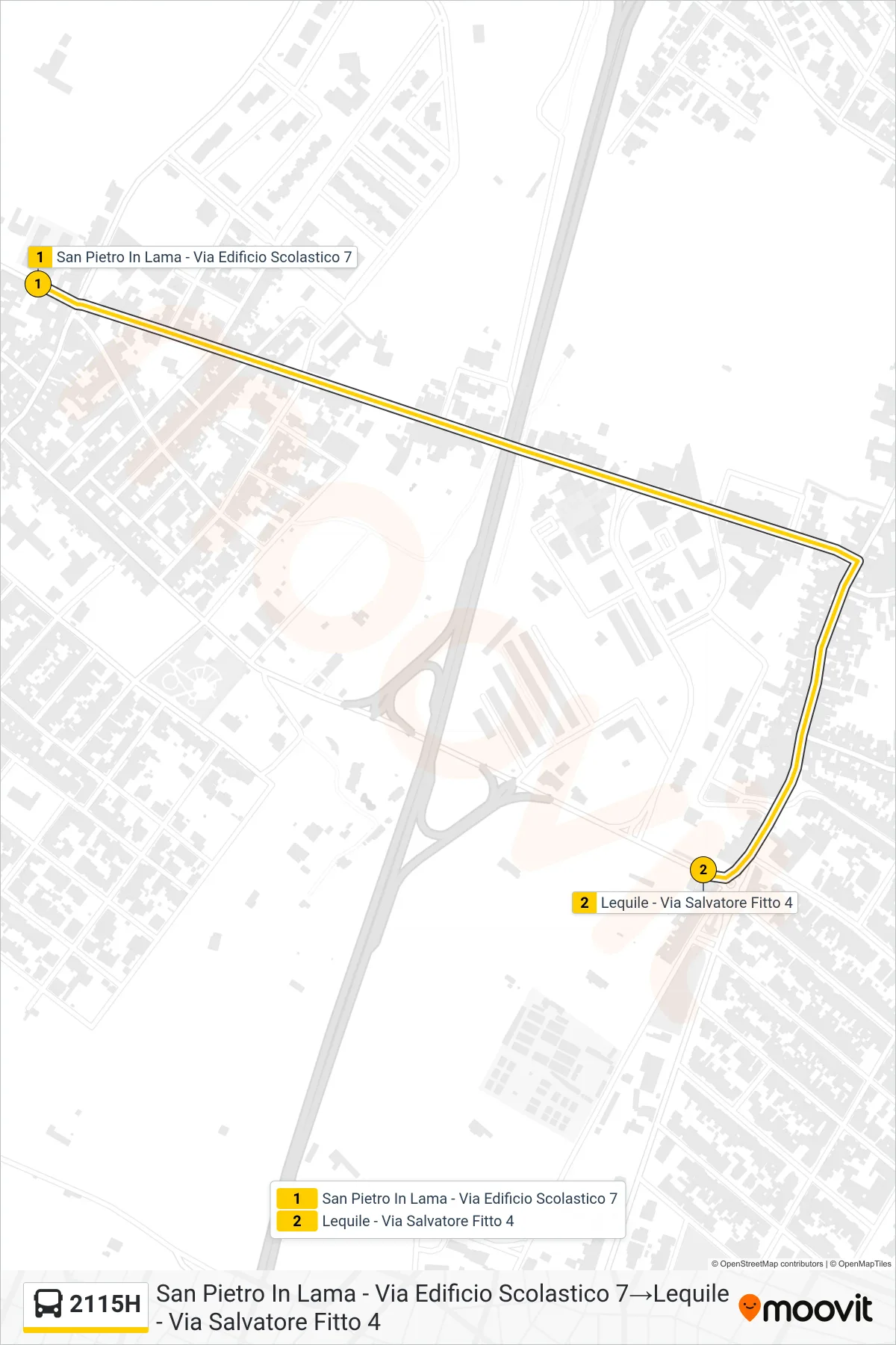 Linea 2115H bus (San Pietro In Lama - Via Edificio Scolastico 7→Lequile - Via Salvatore Fitto 4) - Percorsi e fermate sulla mappa