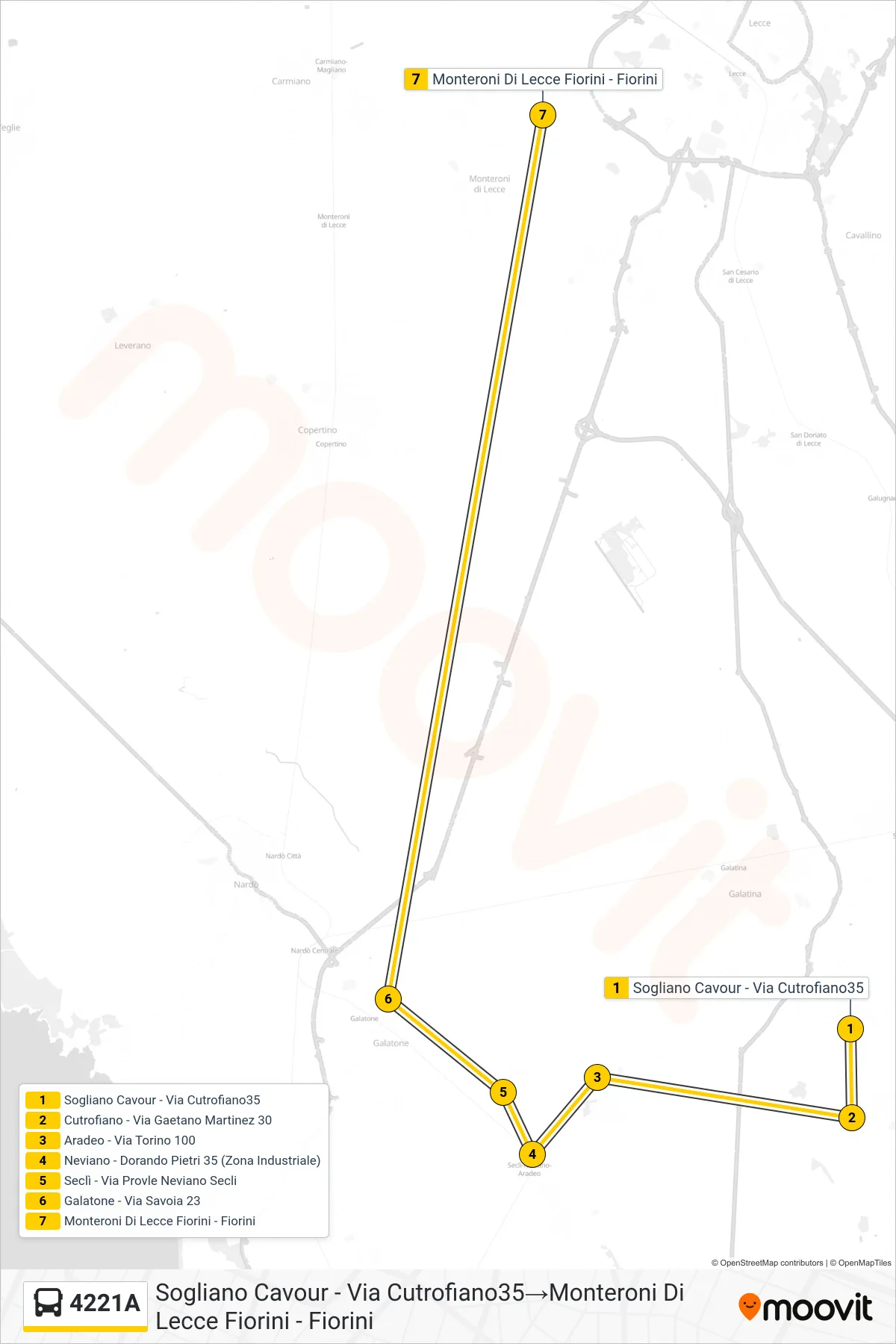 Linea 4221A  bus (Sogliano Cavour - Via Cutrofiano35‎→Monteroni Di Lecce Fiorini - Fiorini) - Percorsi e fermate sulla mappa