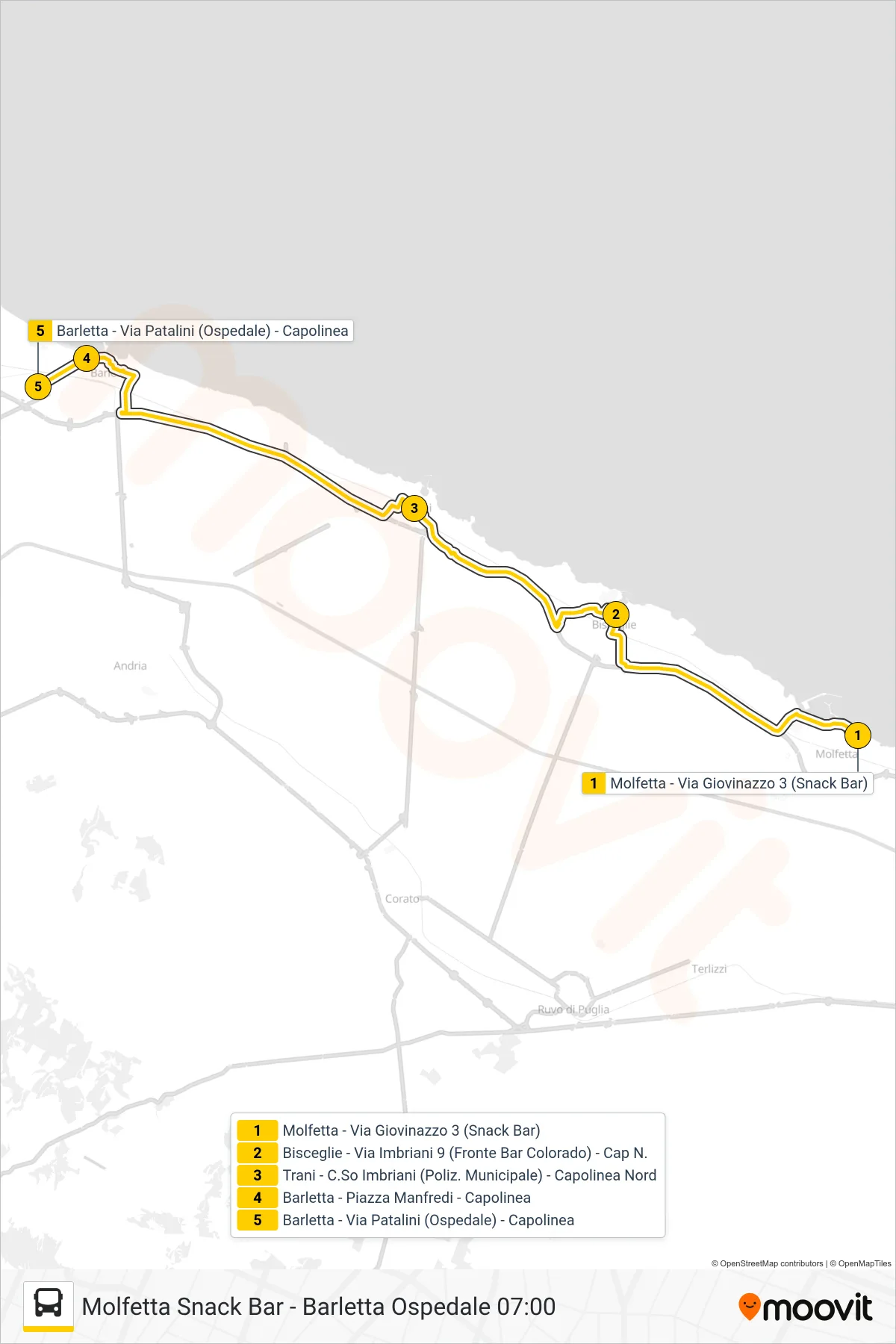 Linea 355.A100  bus (Molfetta - Via Giovinazzo 3 (Snack Bar)‎→Barletta - Via Patalini (Ospedale) - Capolinea) - Percorsi e fermate sulla mappa