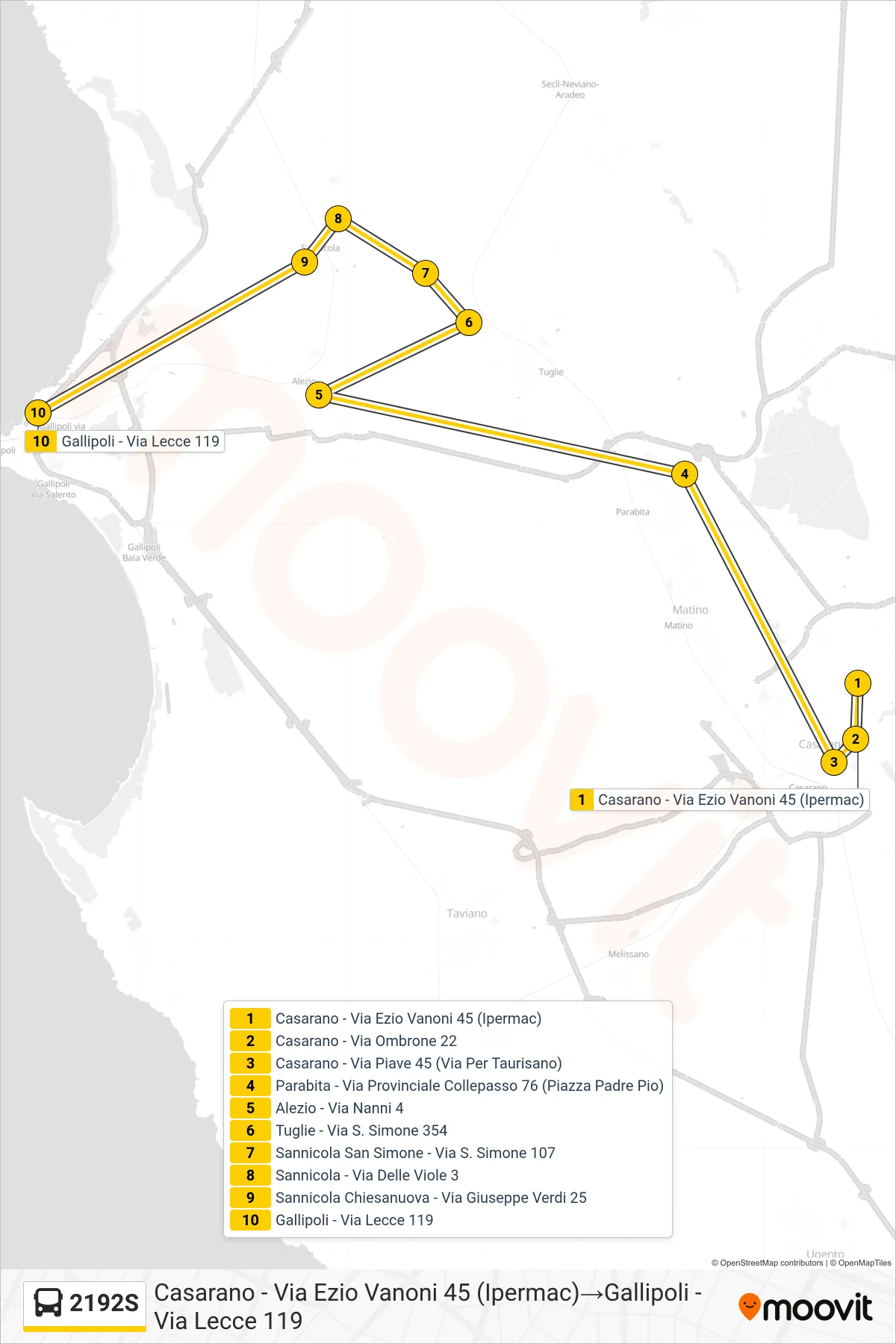 Linea 2192S bus (Casarano - Via Ezio Vanoni 45 (Ipermac)→Gallipoli - Via Lecce 119) - Percorsi e fermate sulla mappa