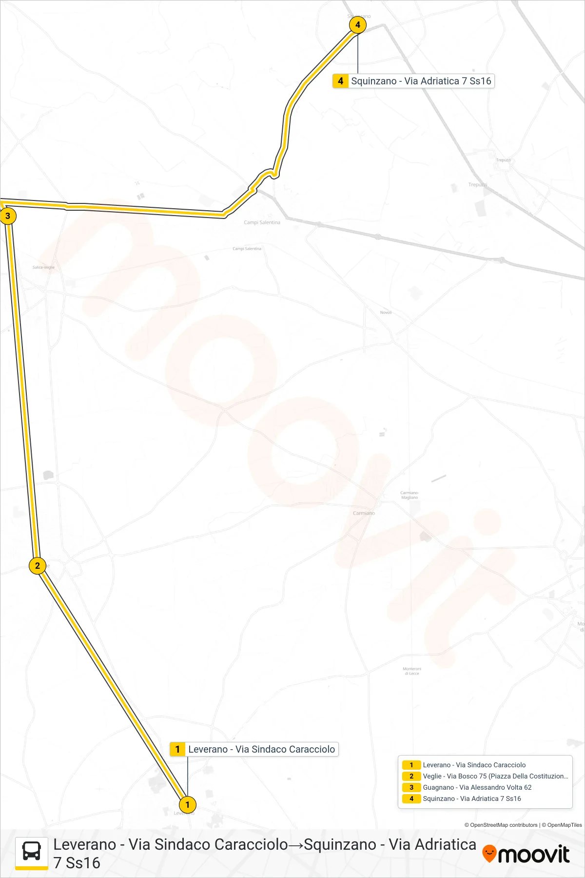 Linea 1033 - 2 bus (Leverano - Via Sindaco Caracciolo→Squinzano - Via Adriatica 7 Ss16) - Percorsi e fermate sulla mappa
