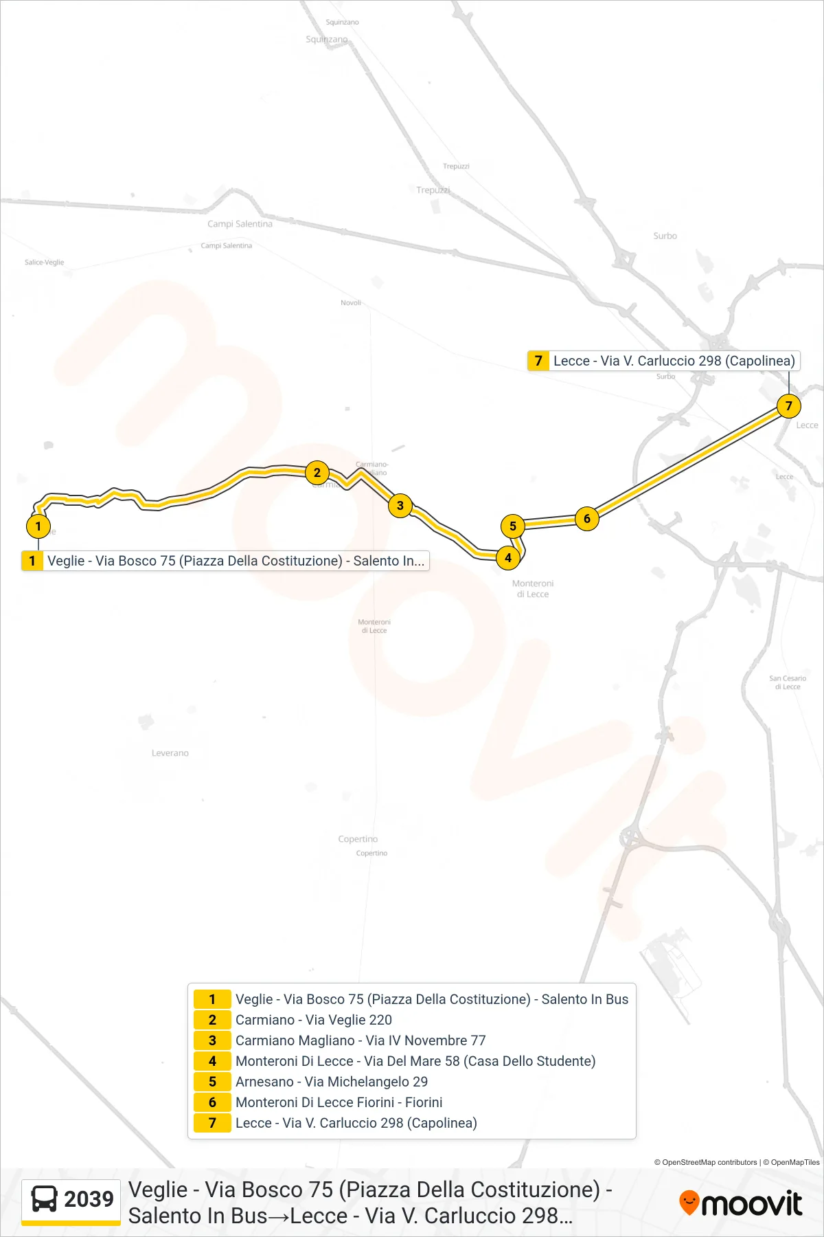 Linea 2039 bus (Veglie - Via Bosco 75 (Piazza Della Costituzione) - Salento In Bus→Lecce - Via V. Carluccio 298 (Capolinea)) - Percorsi e fermate sulla mappa