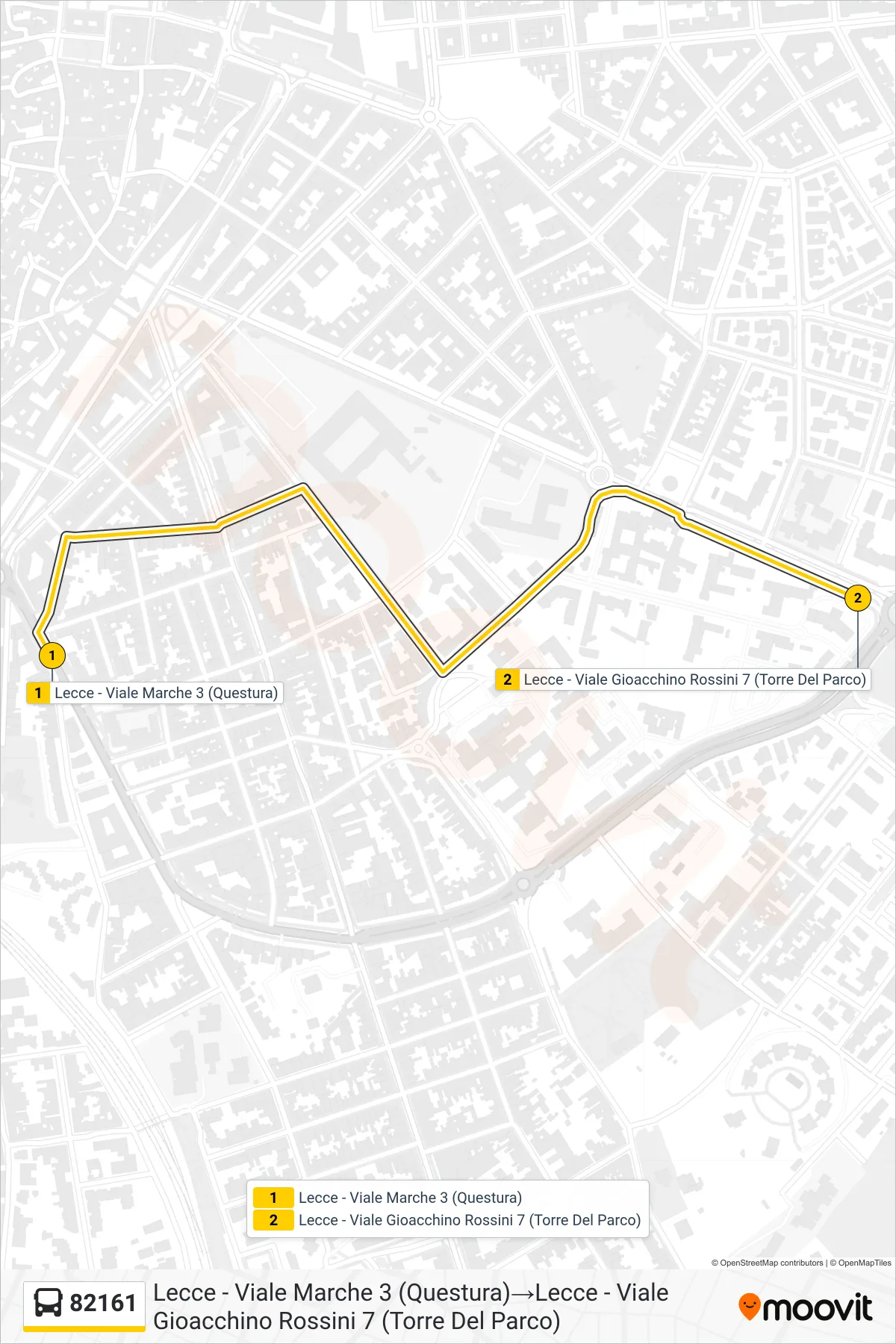 Linea 82161 bus (Lecce - Viale Marche 3 (Questura)→Lecce - Viale Gioacchino Rossini 7 (Torre Del Parco)) - Percorsi e fermate sulla mappa