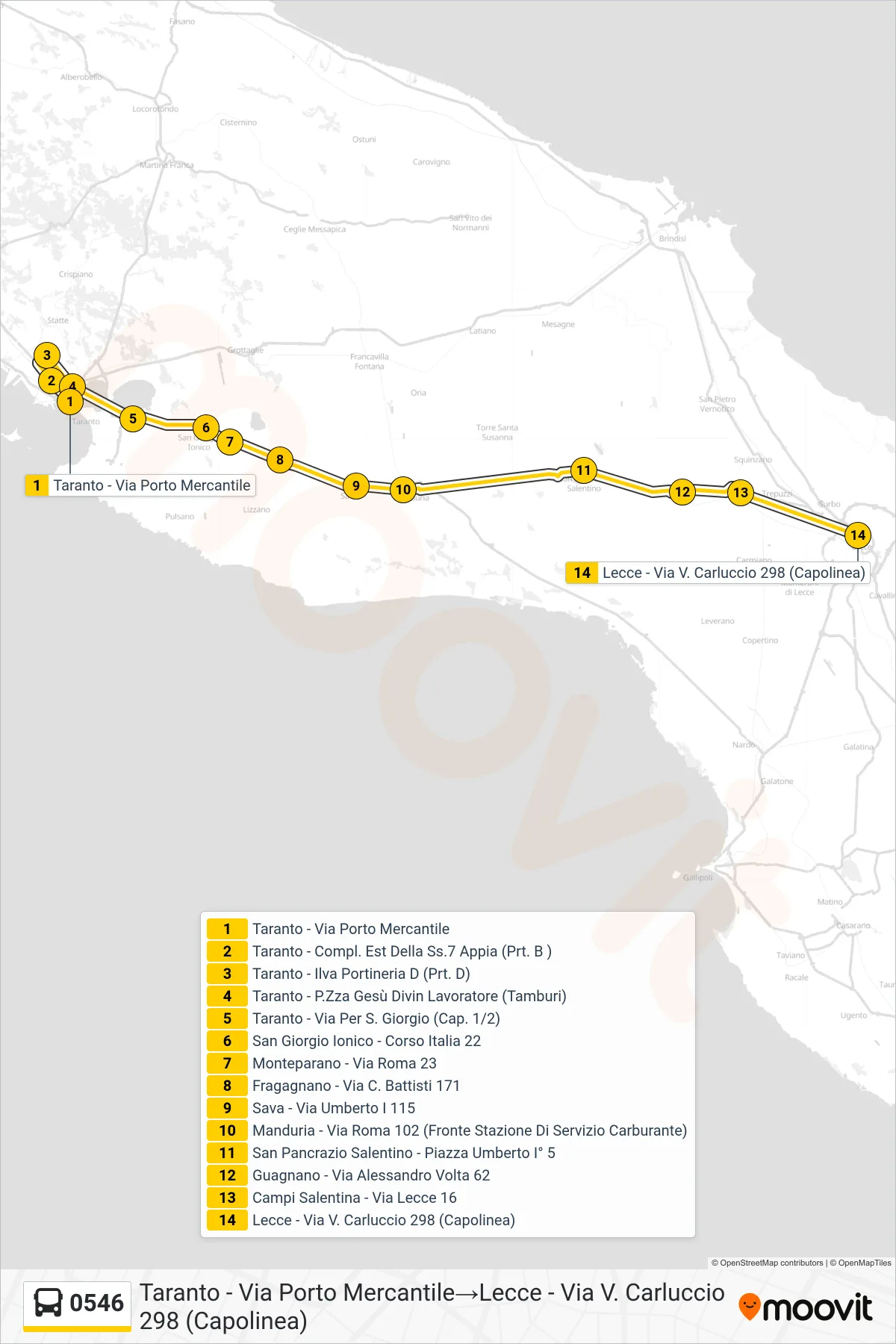 Linea 0546 bus (Taranto - Via Porto Mercantile→Lecce - Via V. Carluccio 298 (Capolinea)) - Percorsi e fermate sulla mappa