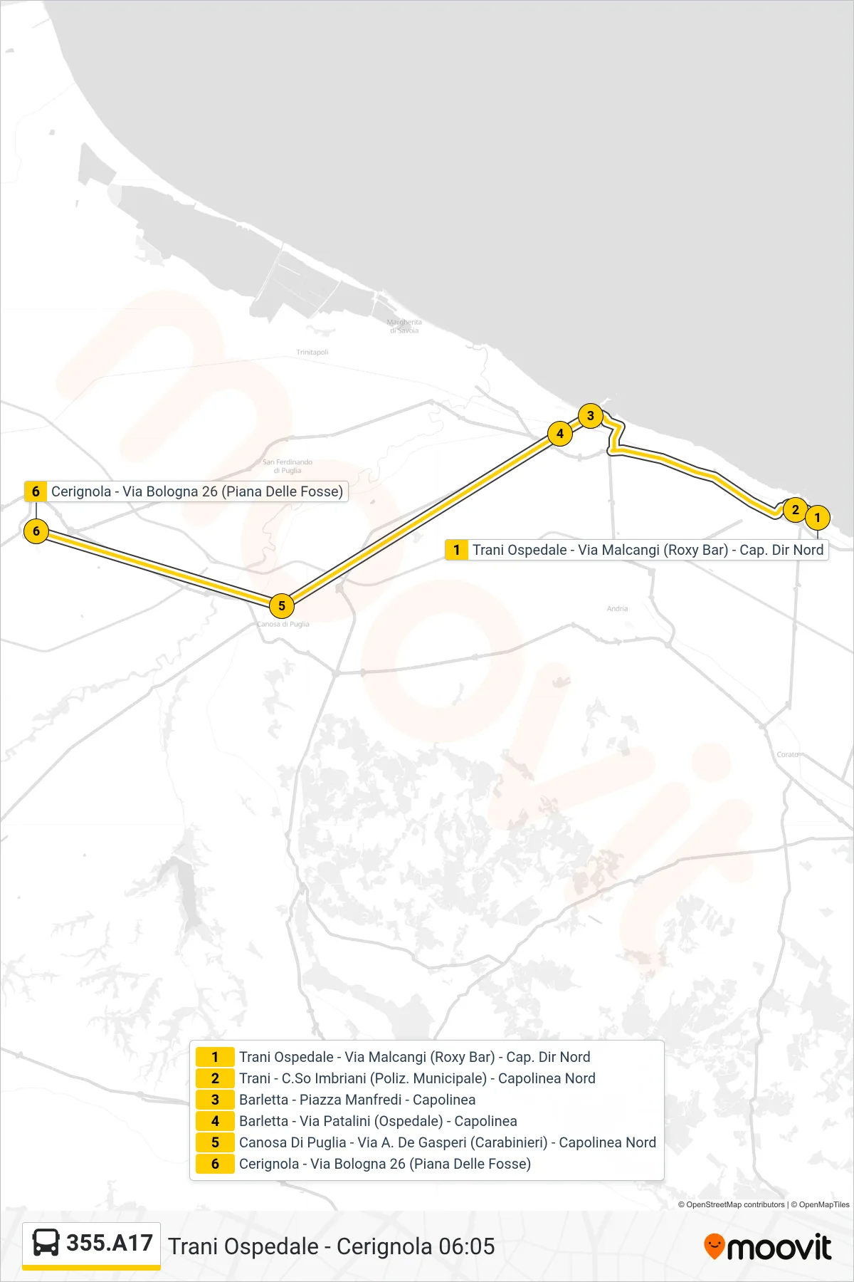 Linea 355.A17 bus (Trani Ospedale - Via Malcangi (Roxy Bar) - Cap. Dir Nord→Cerignola - Via Bologna 26 (Piana Delle Fosse)) - Percorsi e fermate sulla mappa