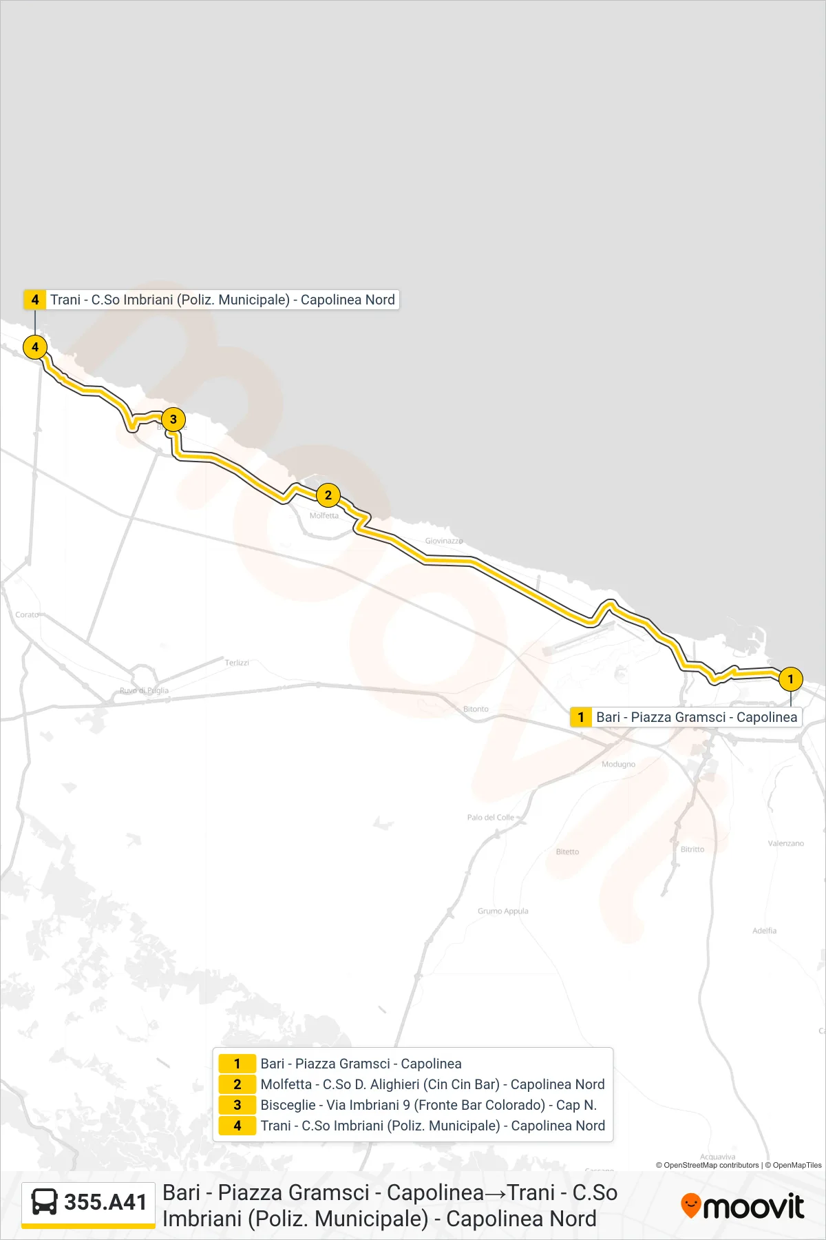 Linea 355.A41 bus (Bari - Piazza Gramsci - Capolinea→Trani - C.So Imbriani (Poliz. Municipale) - Capolinea Nord) - Percorsi e fermate sulla mappa