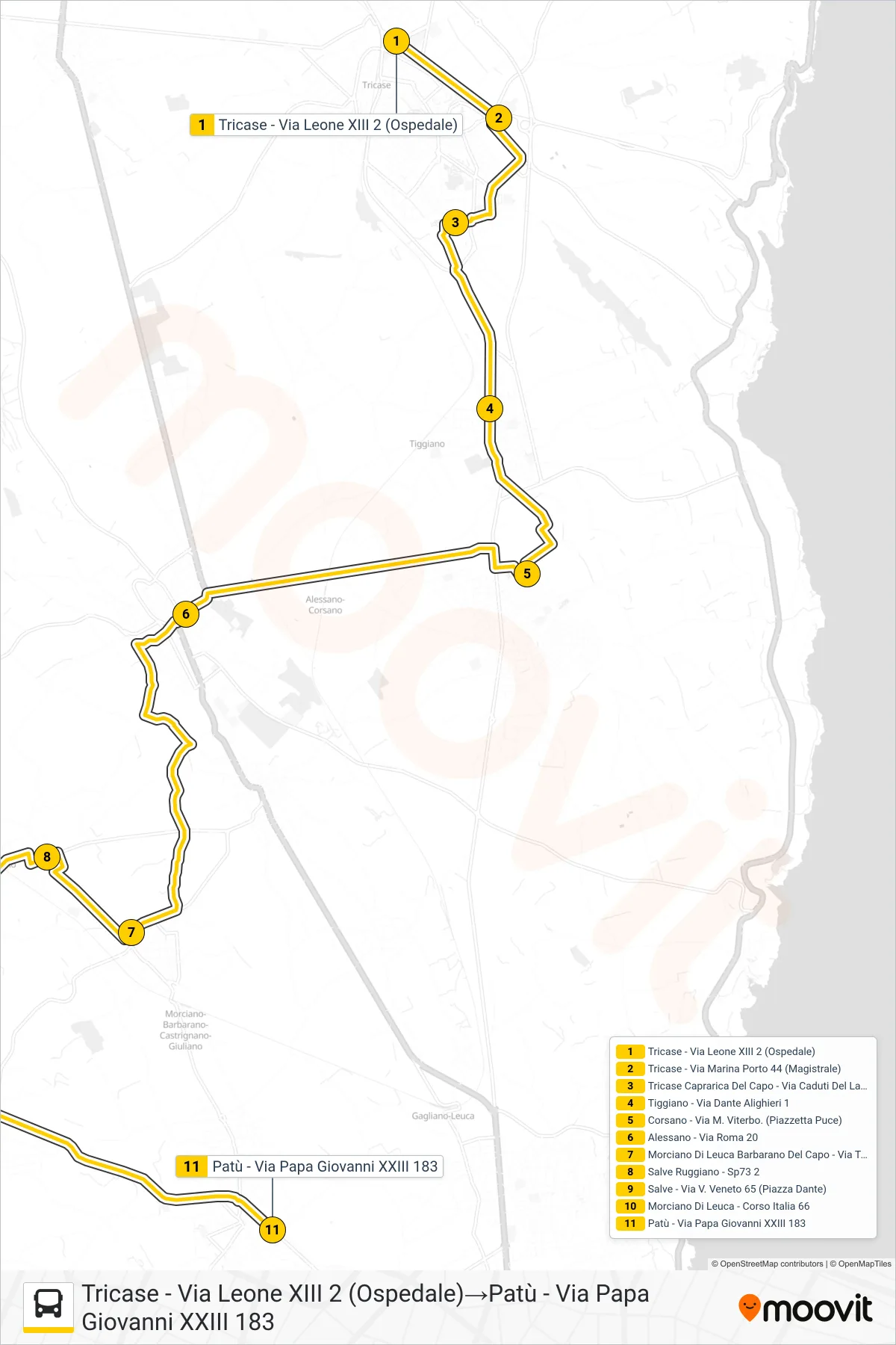 Linea 2134B - 1 bus (Tricase - Via Leone XIII 2 (Ospedale)→Patù - Via Papa Giovanni XXIII 183) - Percorsi e fermate sulla mappa