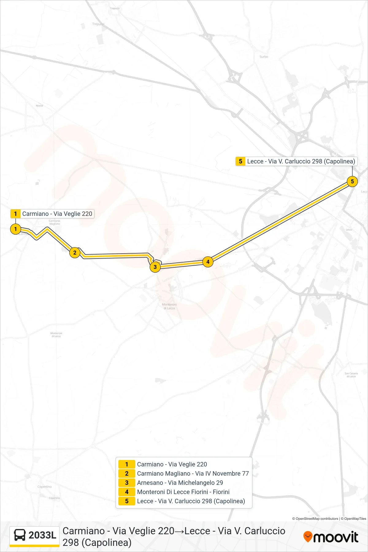 Linea 2033L bus (Carmiano - Via Veglie 220→Lecce - Via V. Carluccio 298 (Capolinea)) - Percorsi e fermate sulla mappa