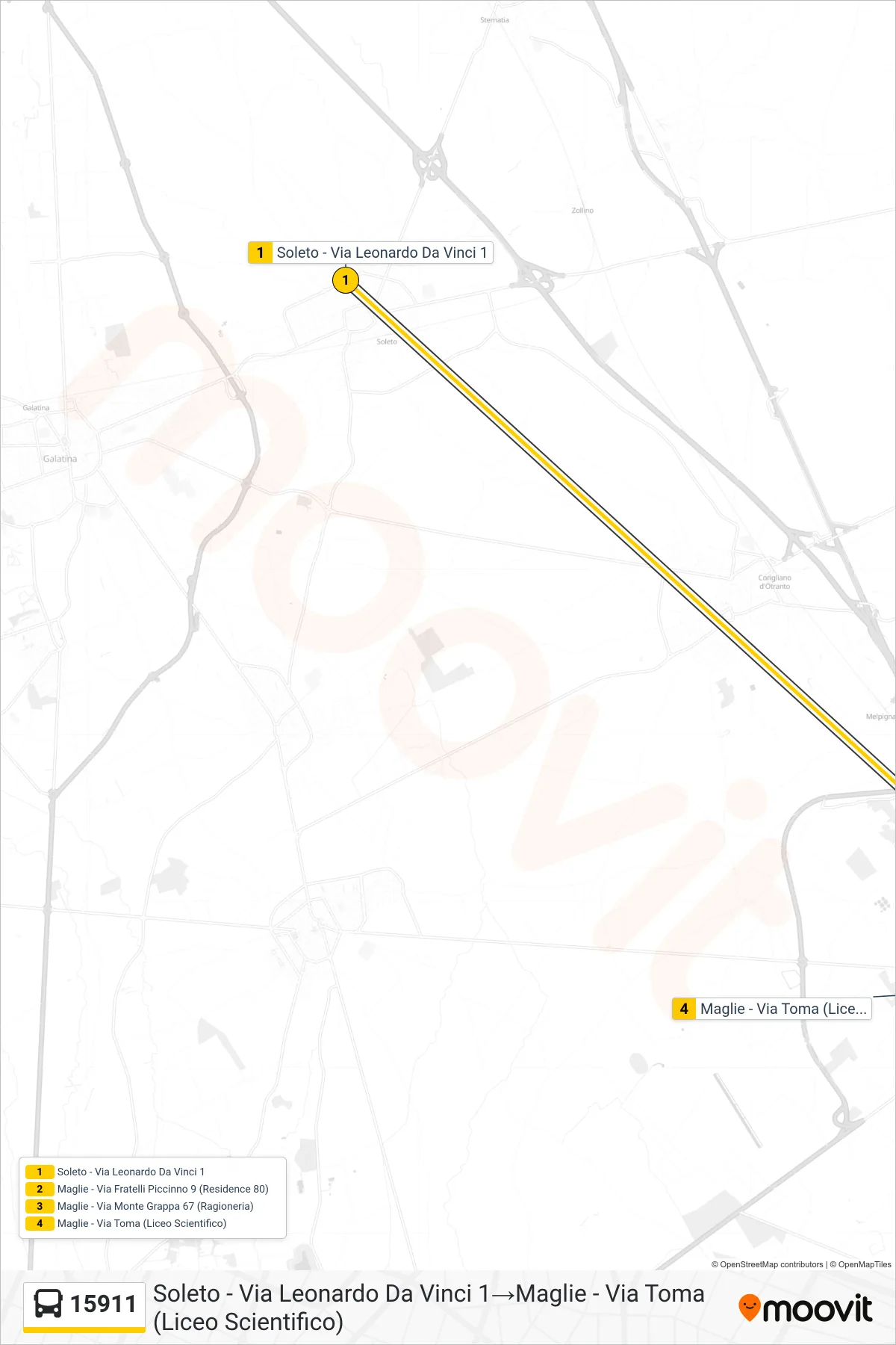 Linea 15911 bus (Soleto - Via Leonardo Da Vinci 1→Maglie - Via Toma (Liceo Scientifico)) - Percorsi e fermate sulla mappa