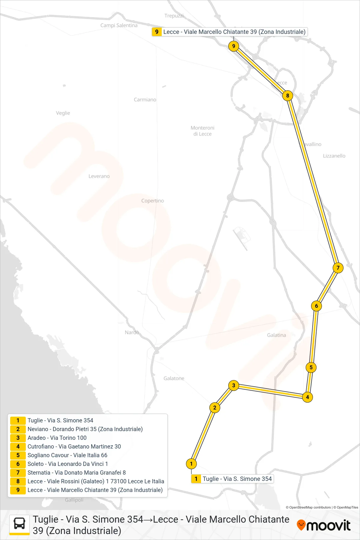 Linea 0093 - I  bus (Tuglie - Via S. Simone 354‎→Lecce - Viale Marcello Chiatante 39 (Zona Industriale)) - Percorsi e fermate sulla mappa