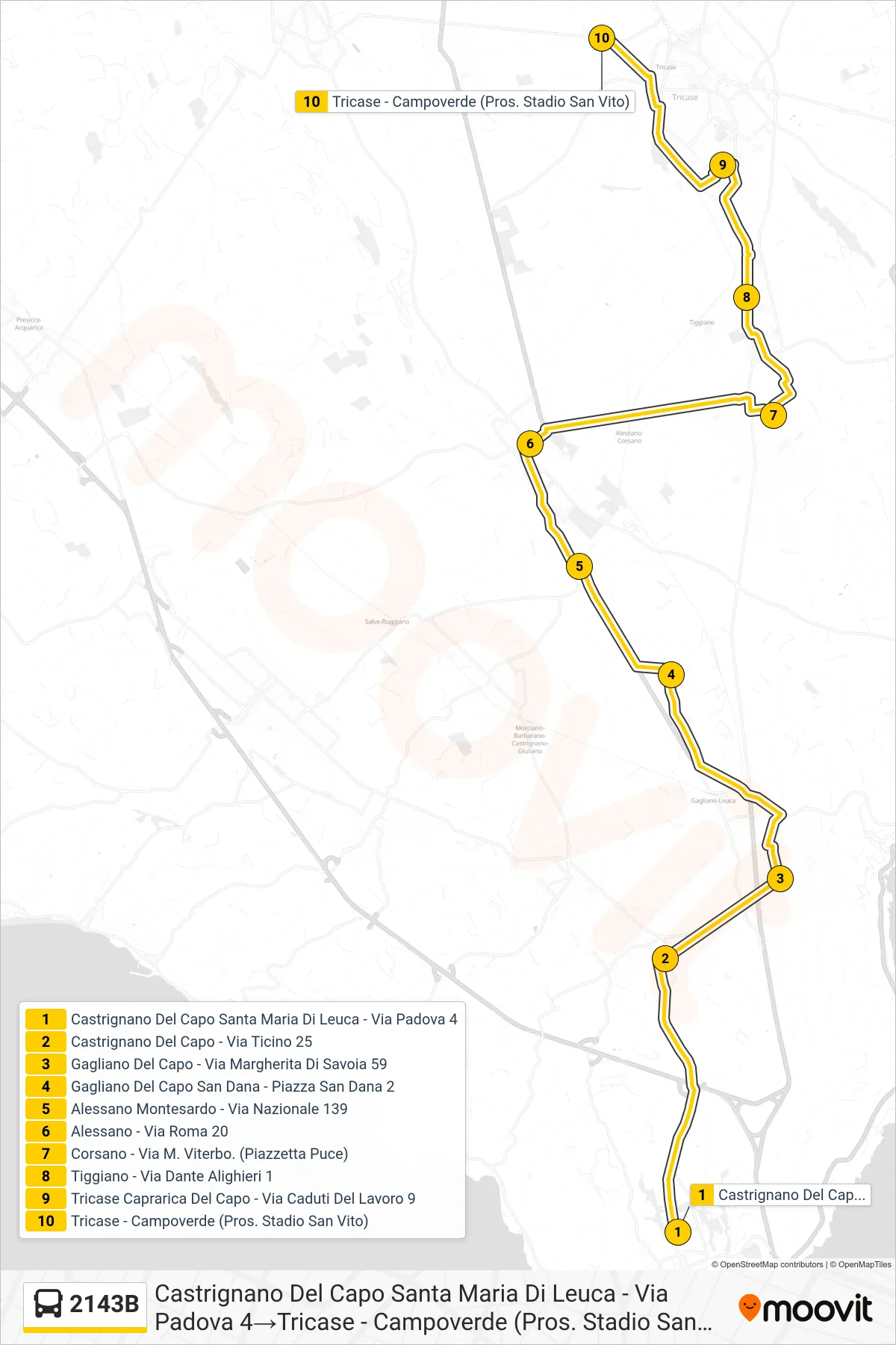 Linea 2143B bus (Castrignano Del Capo Santa Maria Di Leuca - Via Padova 4→Tricase - Campoverde (Pros. Stadio San Vito)) - Percorsi e fermate sulla mappa