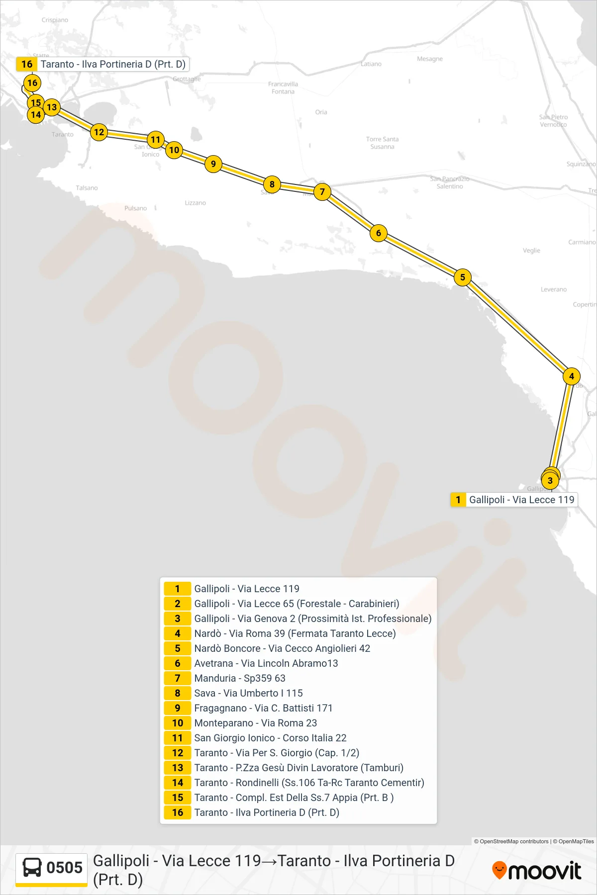 Linea 0505 bus (Gallipoli - Via Lecce 119→Taranto - Ilva Portineria D (Prt. D)) - Percorsi e fermate sulla mappa