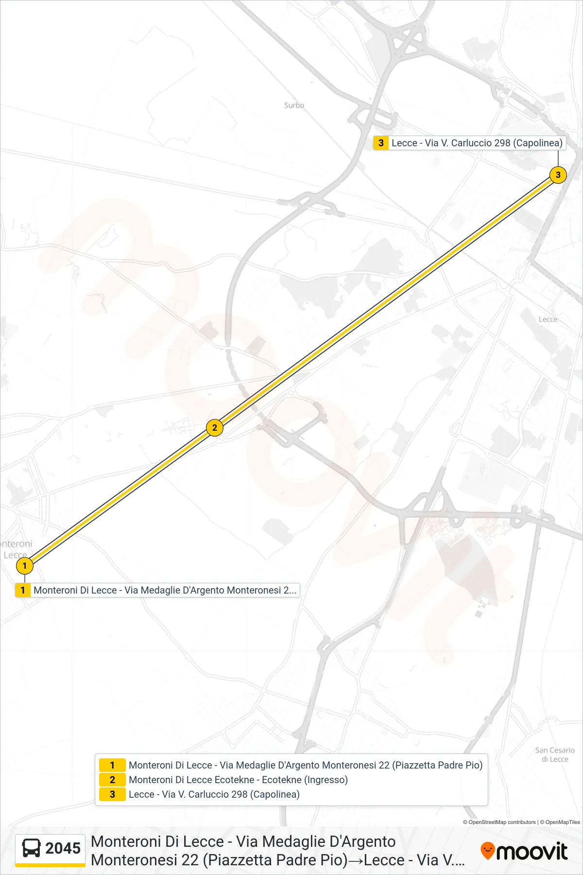 Linea 2045  bus (Monteroni Di Lecce - Via Medaglie D'Argento Monteronesi 22 (Piazzetta Padre Pio)‎→Lecce - Via V. Carluccio 298 (Capolinea)) - Percorsi e fermate sulla mappa