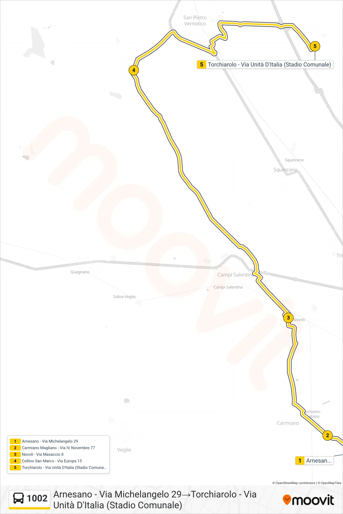 Linea 1002 bus (Arnesano - Via Michelangelo 29→Torchiarolo - Via Unità D'Italia (Stadio Comunale)) - Percorsi e fermate sulla mappa