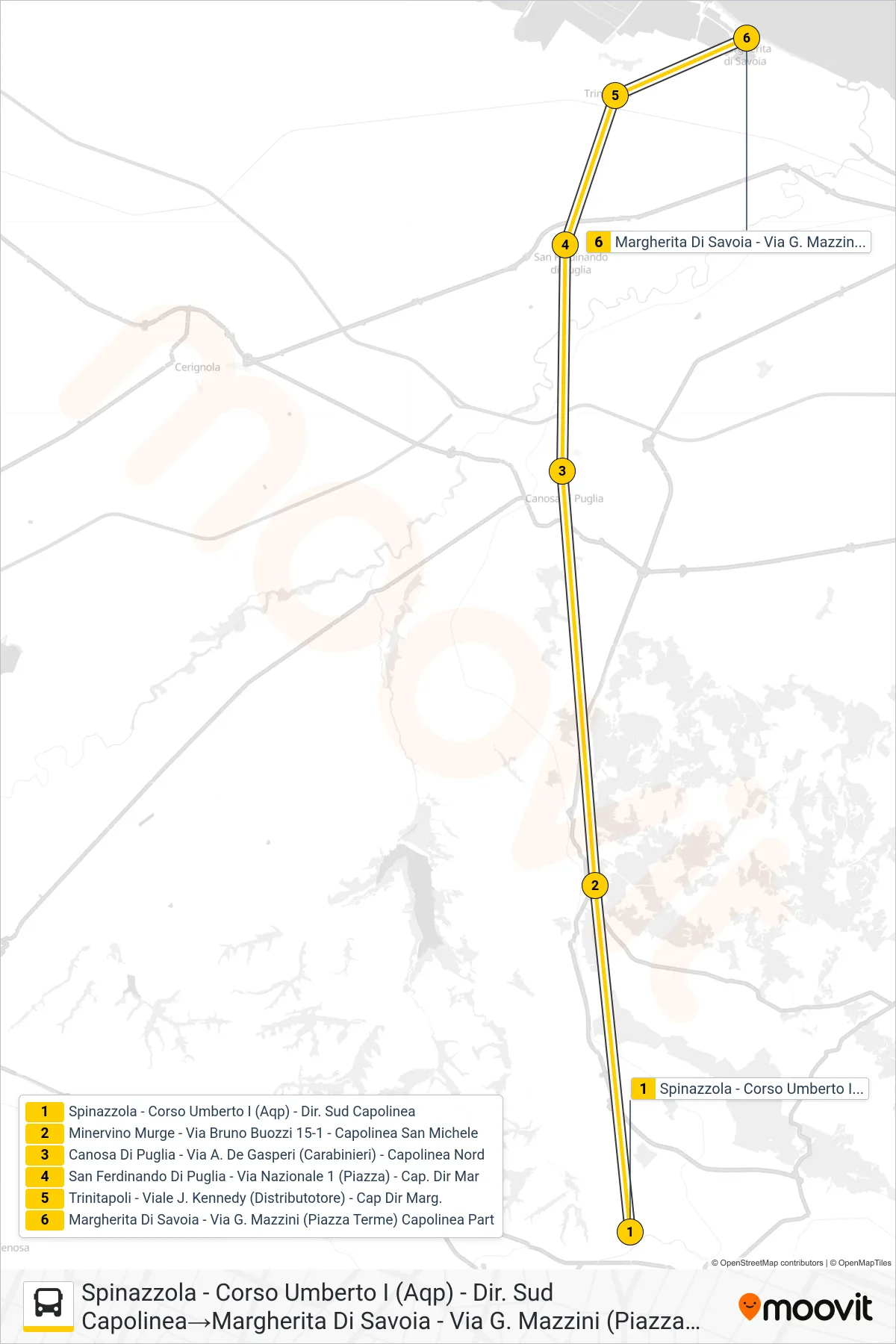 Linea 352.NSA02 bus (Spinazzola - Corso Umberto I (Aqp) - Dir. Sud Capolinea→Margherita Di Savoia - Via G. Mazzini (Piazza Terme) Capolinea Part) - Percorsi e fermate sulla mappa
