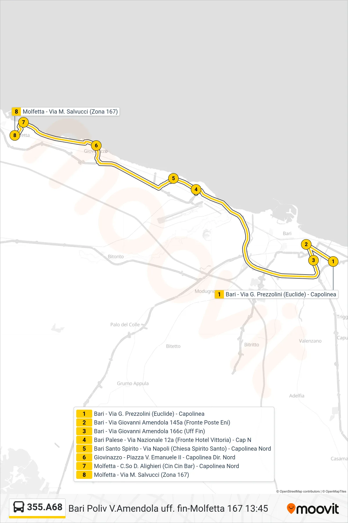 Linea 355.A68 bus (Bari - Via G. Prezzolini (Euclide) - Capolinea→Molfetta - Via M. Salvucci (Zona 167)) - Percorsi e fermate sulla mappa