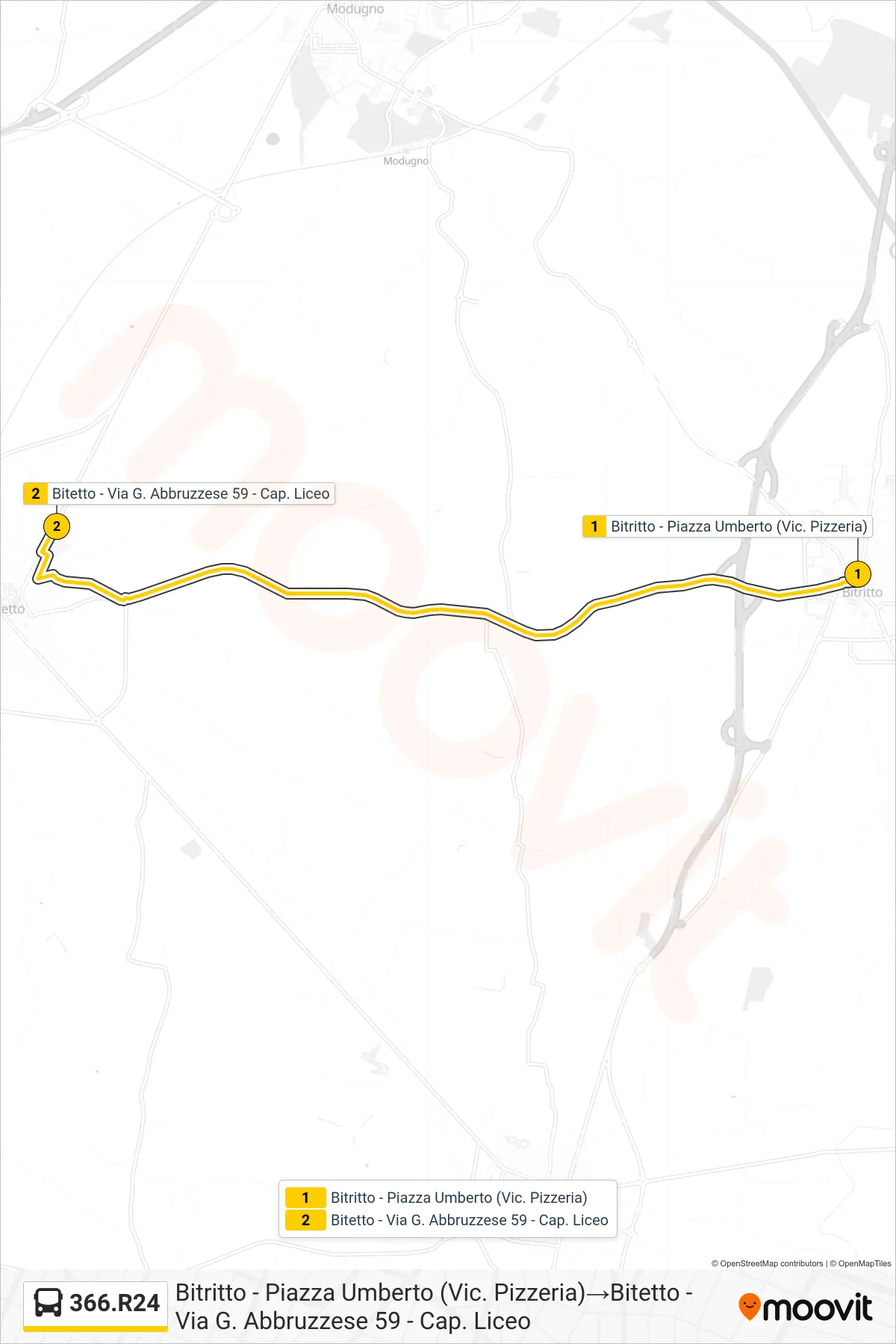 Linea 366.R24 bus (Bitritto - Piazza Umberto (Vic. Pizzeria)→Bitetto - Via G. Abbruzzese 59 - Cap. Liceo) - Percorsi e fermate sulla mappa