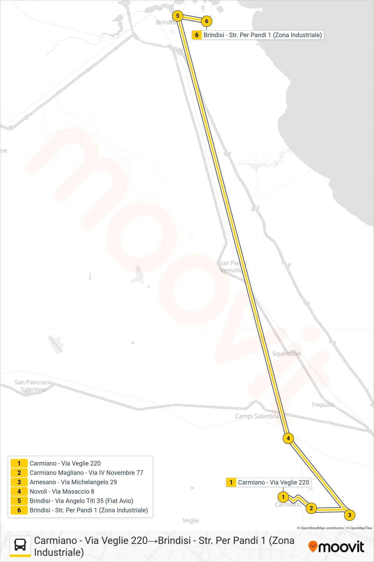 Linea 1021 - 1 bus (Carmiano - Via Veglie 220→Brindisi - Str. Per Pandi 1 (Zona Industriale)) - Percorsi e fermate sulla mappa